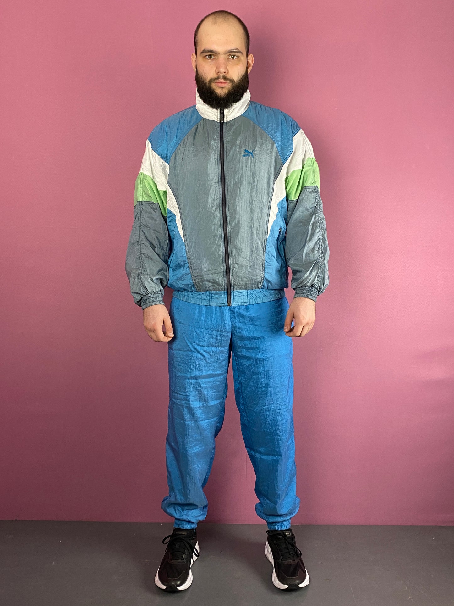 80s Puma Vintage Men's Tracksuit Set - M Blue & Multicolor Nylon - Windbreaker Jacket & Sport Pants