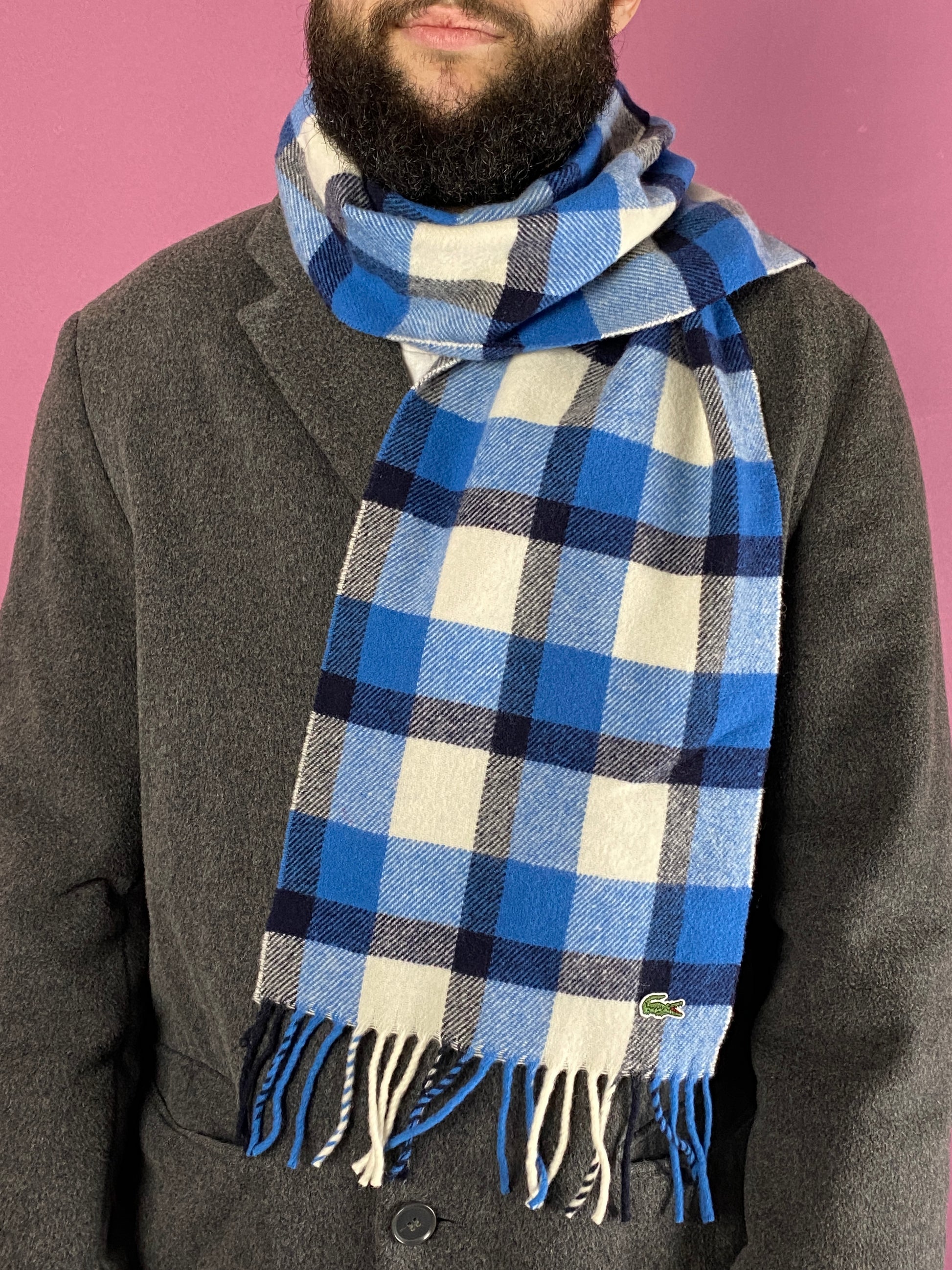 Lacoste Vintage Plaid Checked Scarf - Blue & White Wool Blend