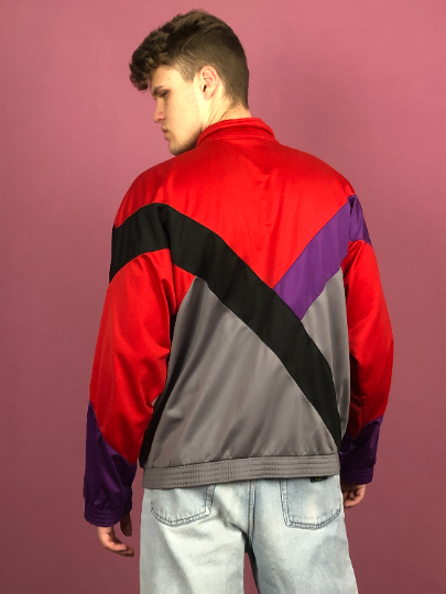 90s Vintage Men's Color Block Track Jacket - XL Red & Gray Polyester