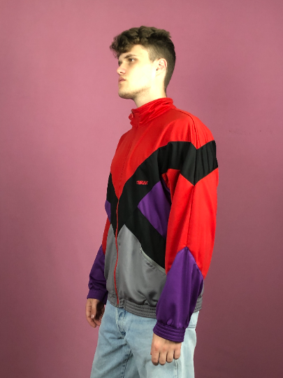 90s Vintage Men's Color Block Track Jacket - XL Red & Gray Polyester