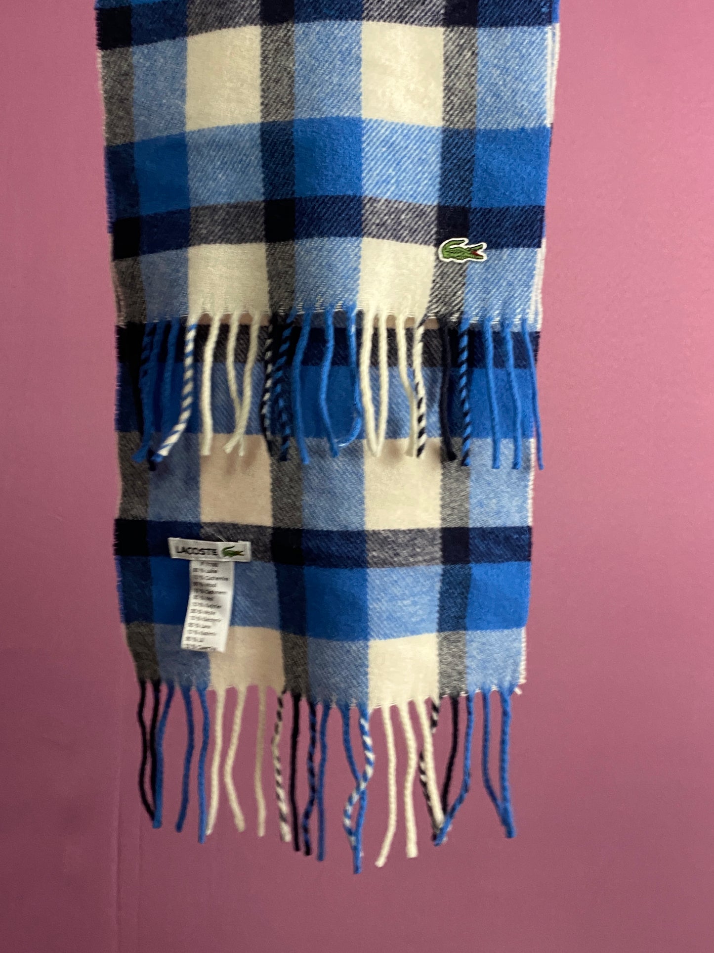 Lacoste Vintage Plaid Checked Scarf - Blue & White Wool Blend