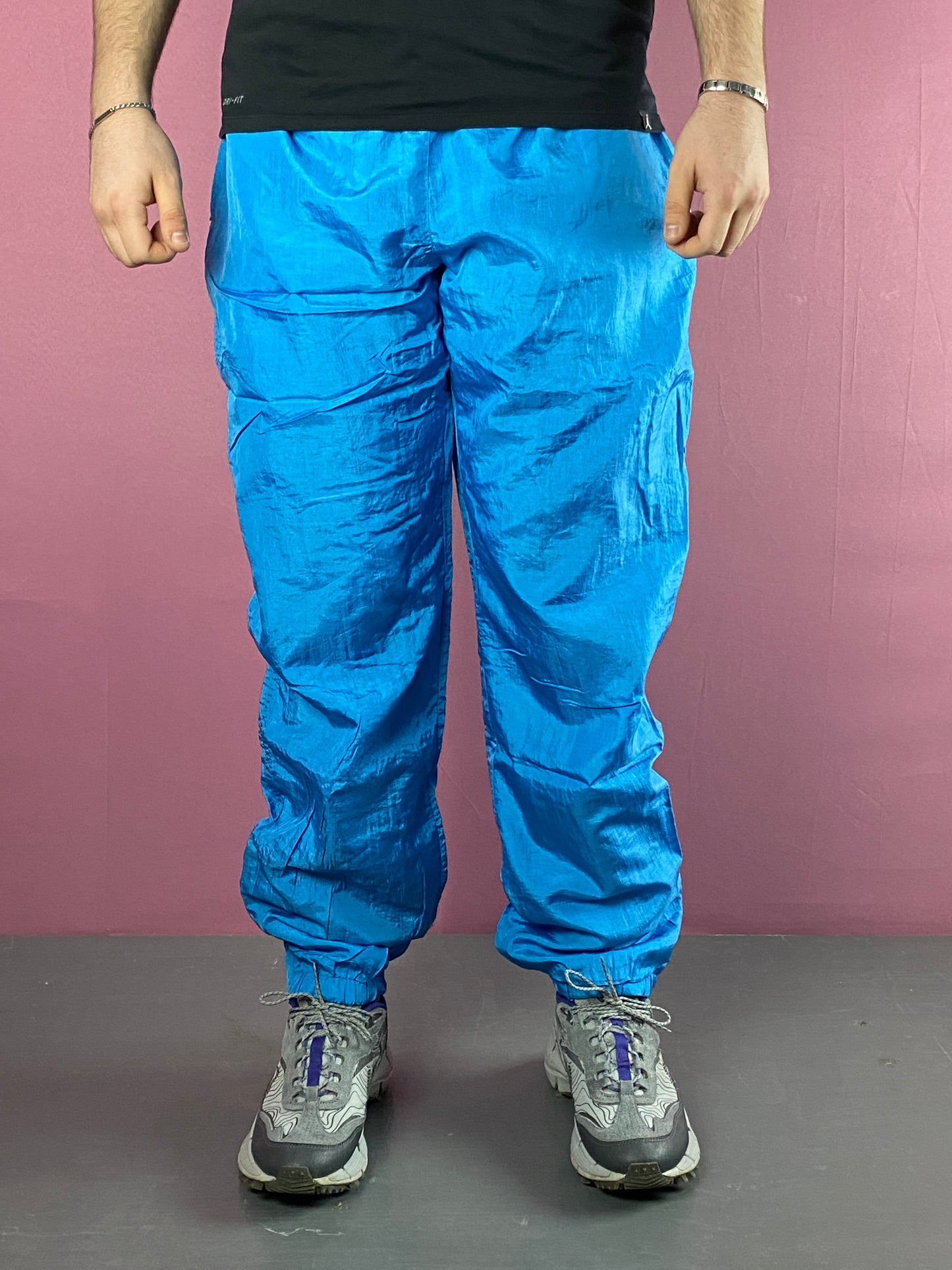 90s Vintage Men's Track Pants - XL Blue Nylon