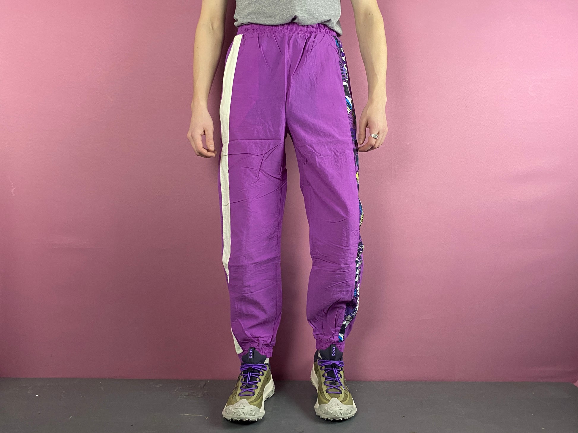 90s Vintage Men's Side Tape Track Pants - M Purple Nylon