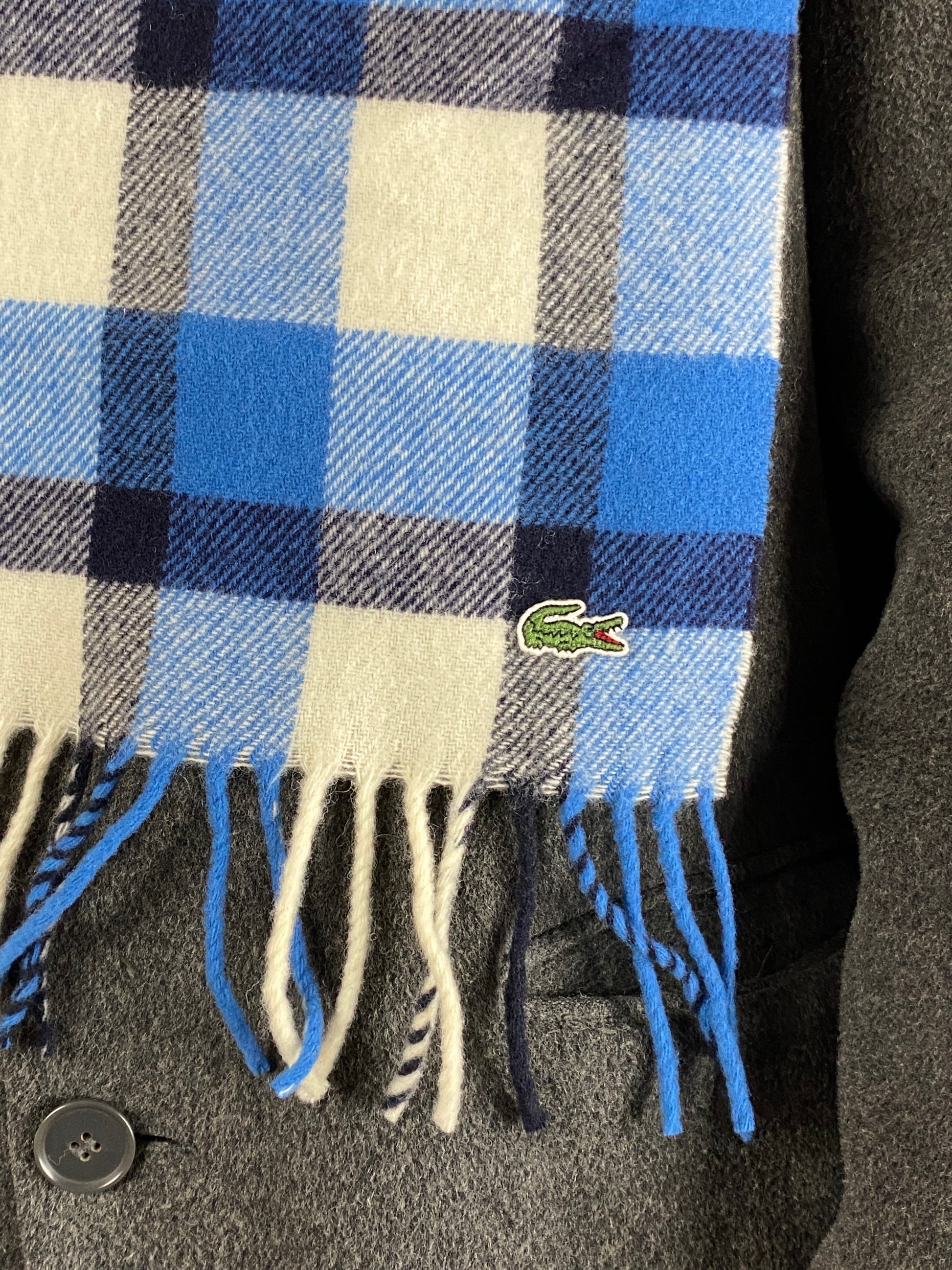 Lacoste Vintage Plaid Checked Scarf - Blue & White Wool Blend