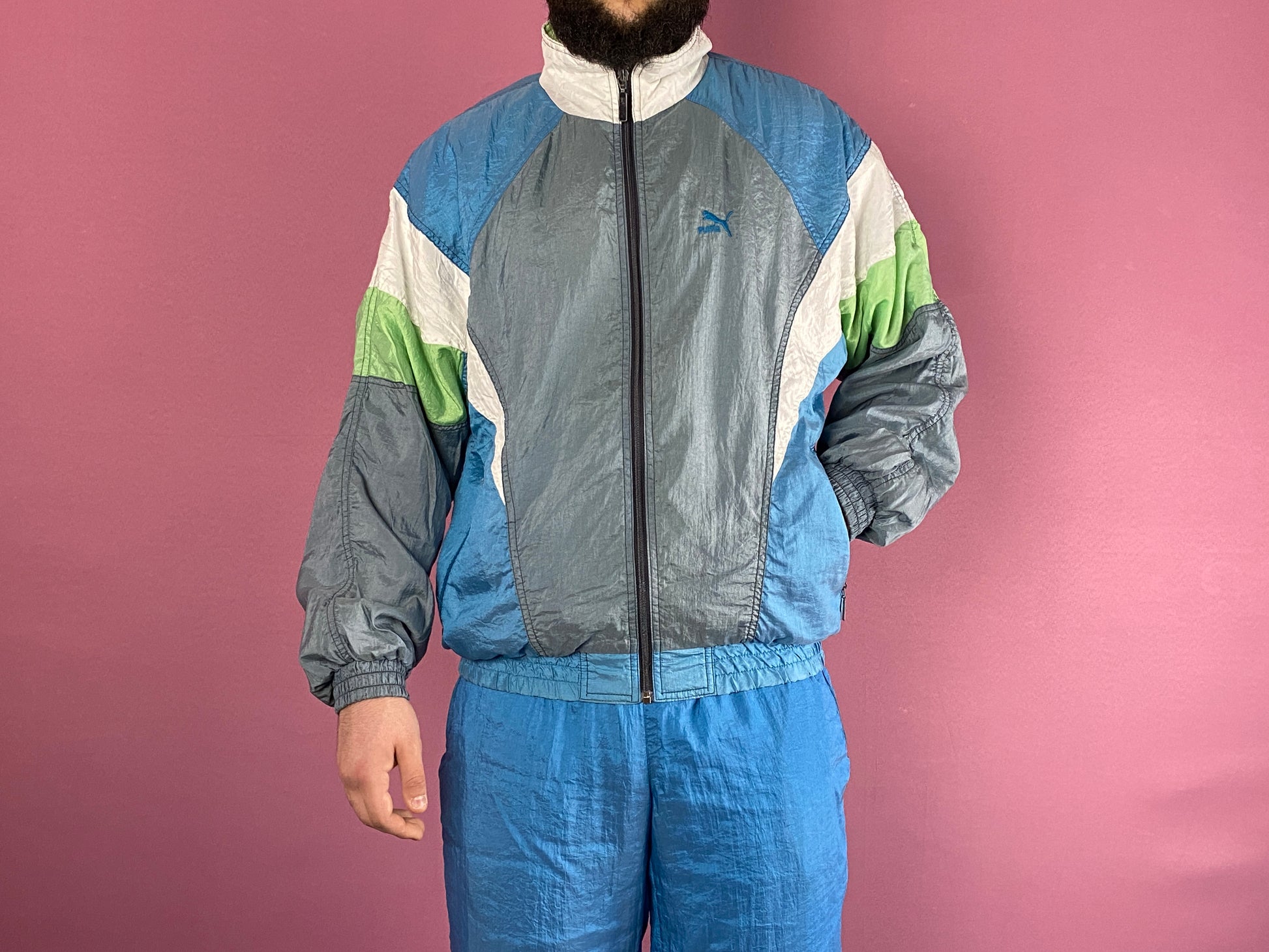 80s Puma Vintage Men's Tracksuit Set - M Blue & Multicolor Nylon - Windbreaker Jacket & Sport Pants