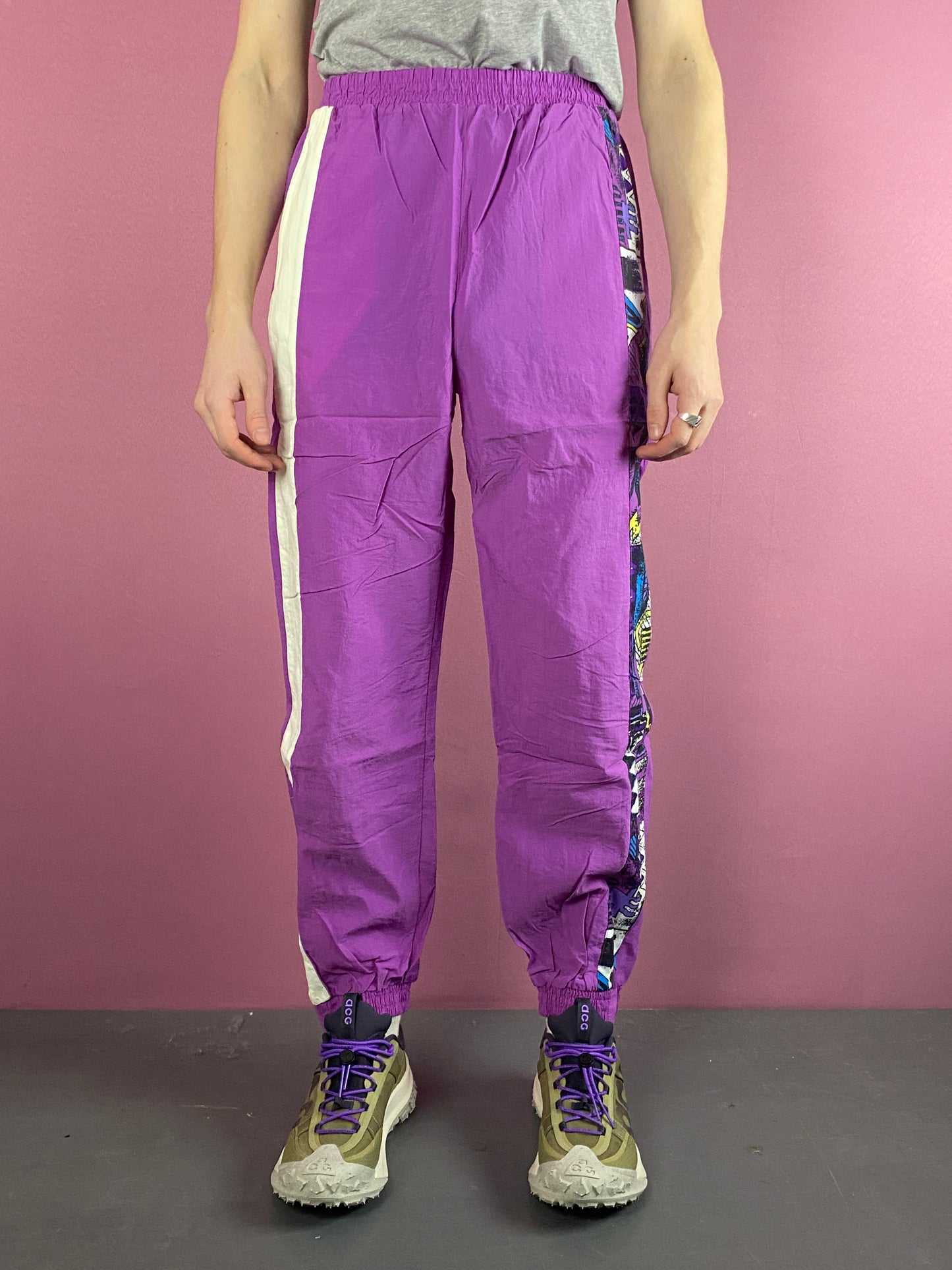 90s Vintage Men's Side Tape Track Pants - M Purple Nylon