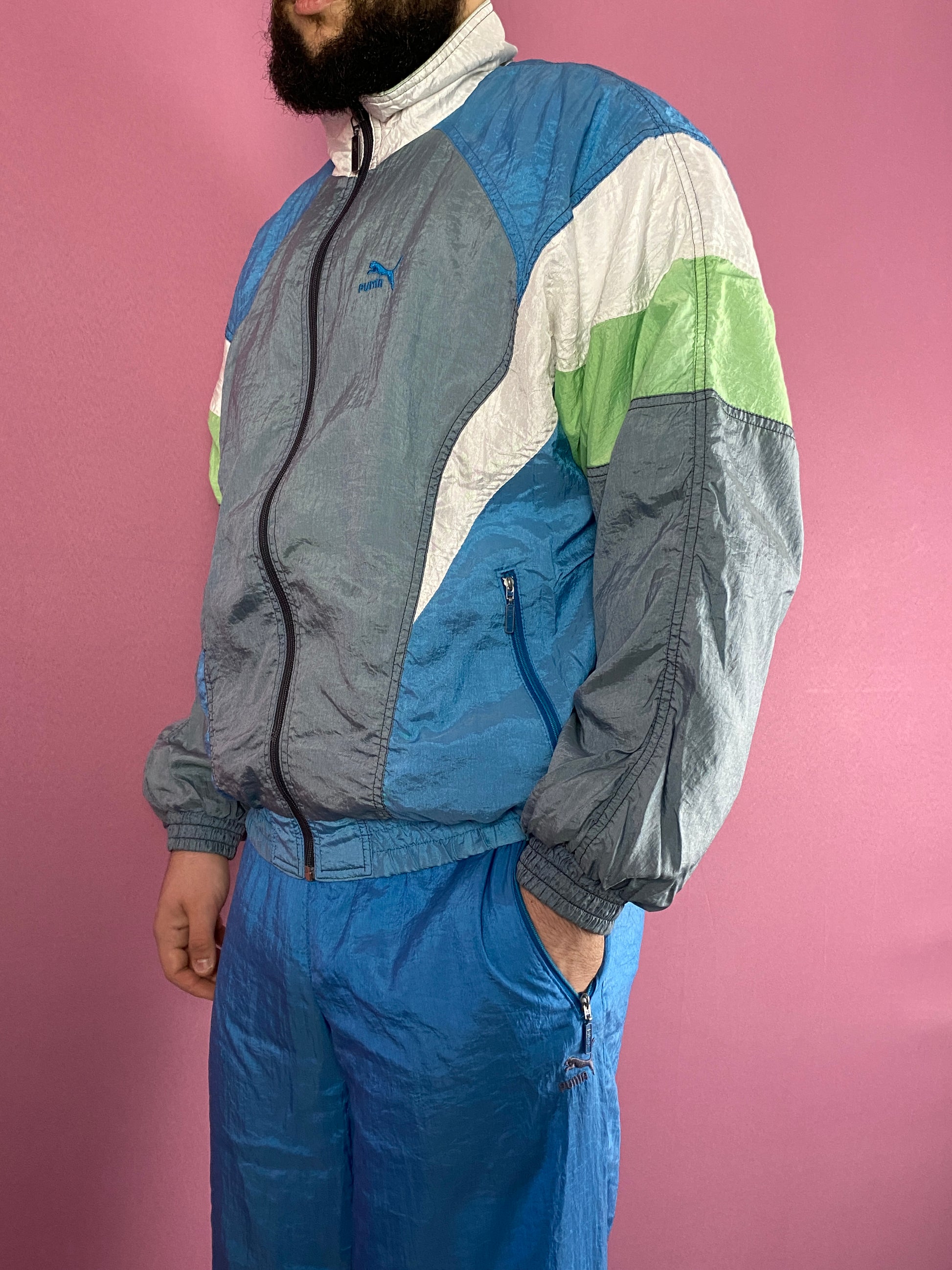 80s Puma Vintage Men's Tracksuit Set - M Blue & Multicolor Nylon - Windbreaker Jacket & Sport Pants