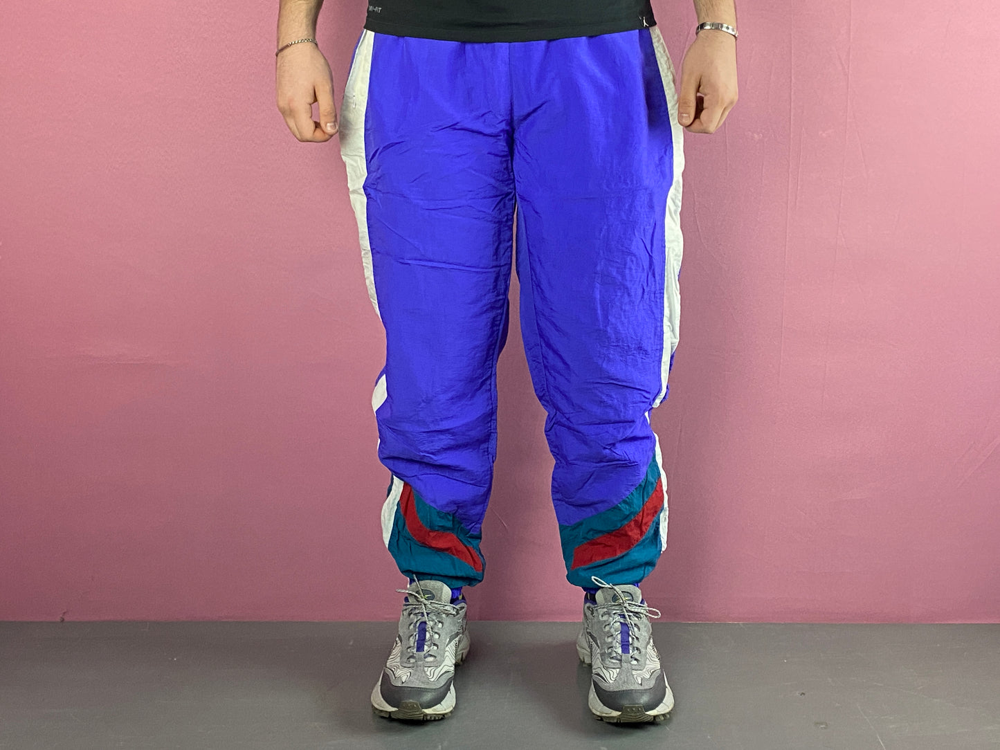 90s Vintage Men's Size Tape Track Pants - XL Blue Nylon