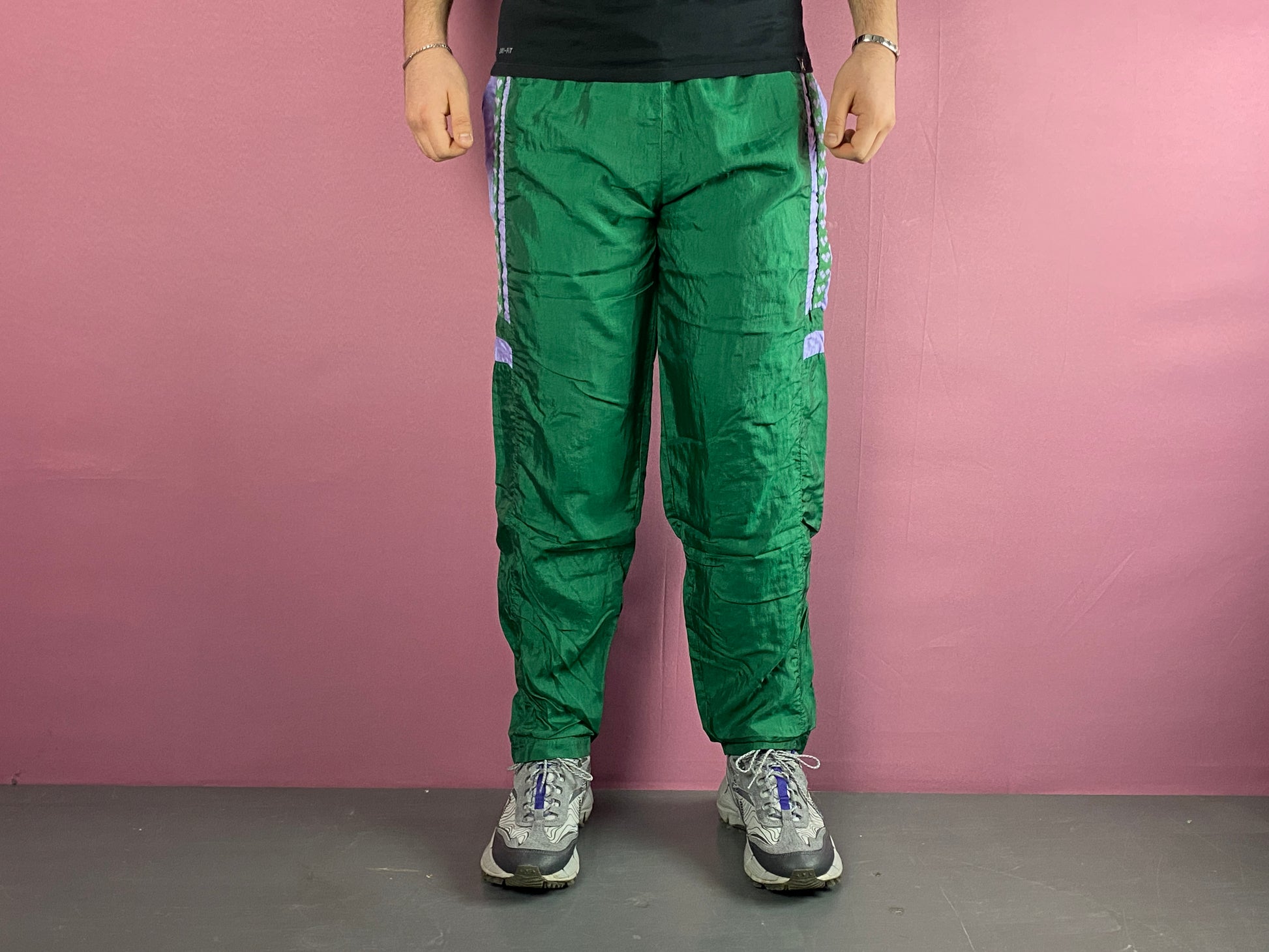 90s Arena Vintage Men's Side Tape Track Pants - L Green Nylon