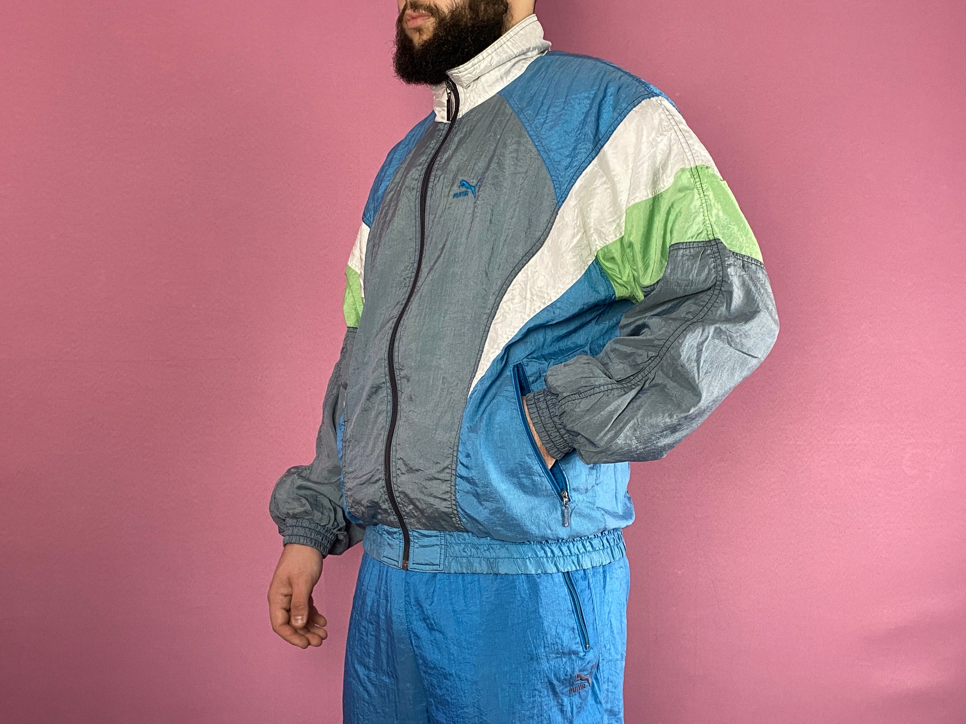 80s Puma Vintage Men's Tracksuit Set - M Blue & Multicolor Nylon - Windbreaker Jacket & Sport Pants