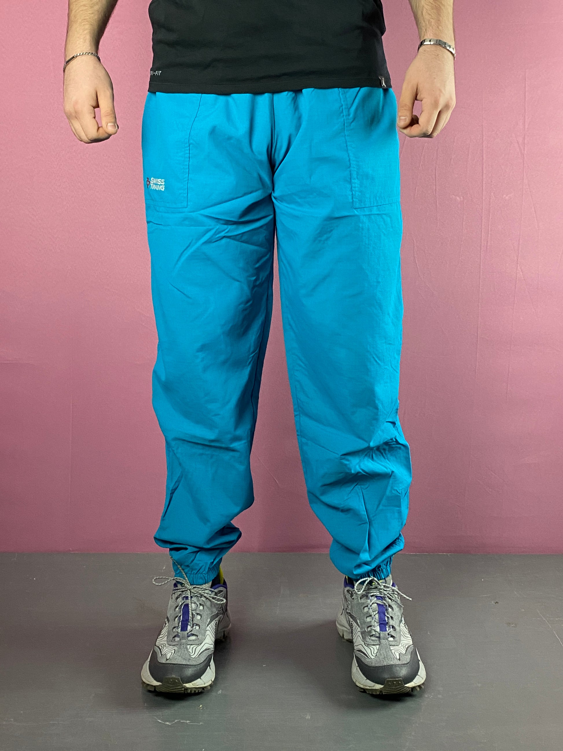 90s Swiss Timing Vintage Men's Track Pants- XXL Blue Nylon