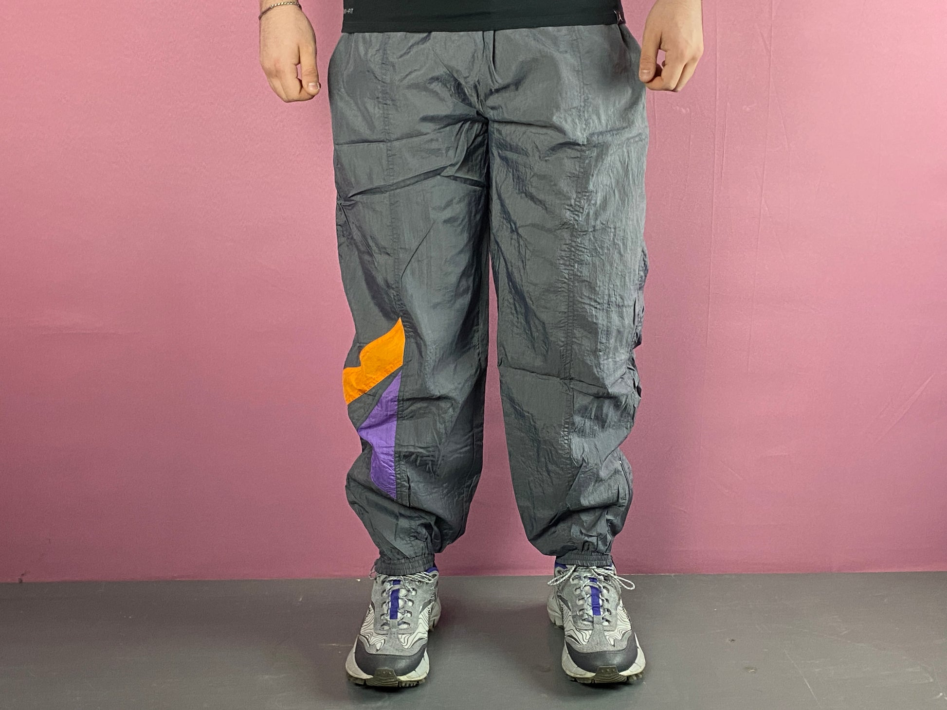 90s Vintage Men's Buggy Track Pants - XXL Gray Nylon