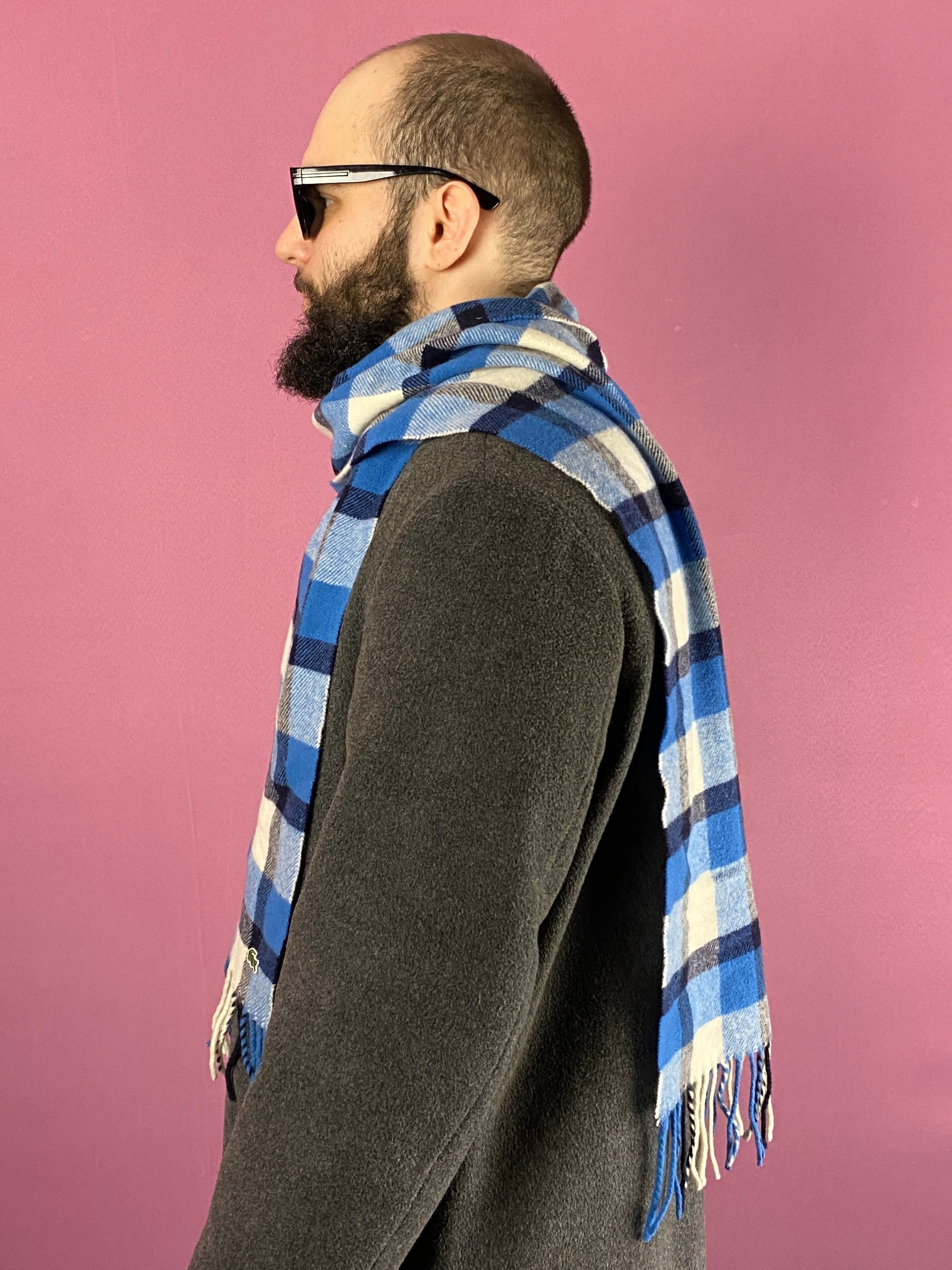 Lacoste Vintage Plaid Checked Scarf - Blue & White Wool Blend