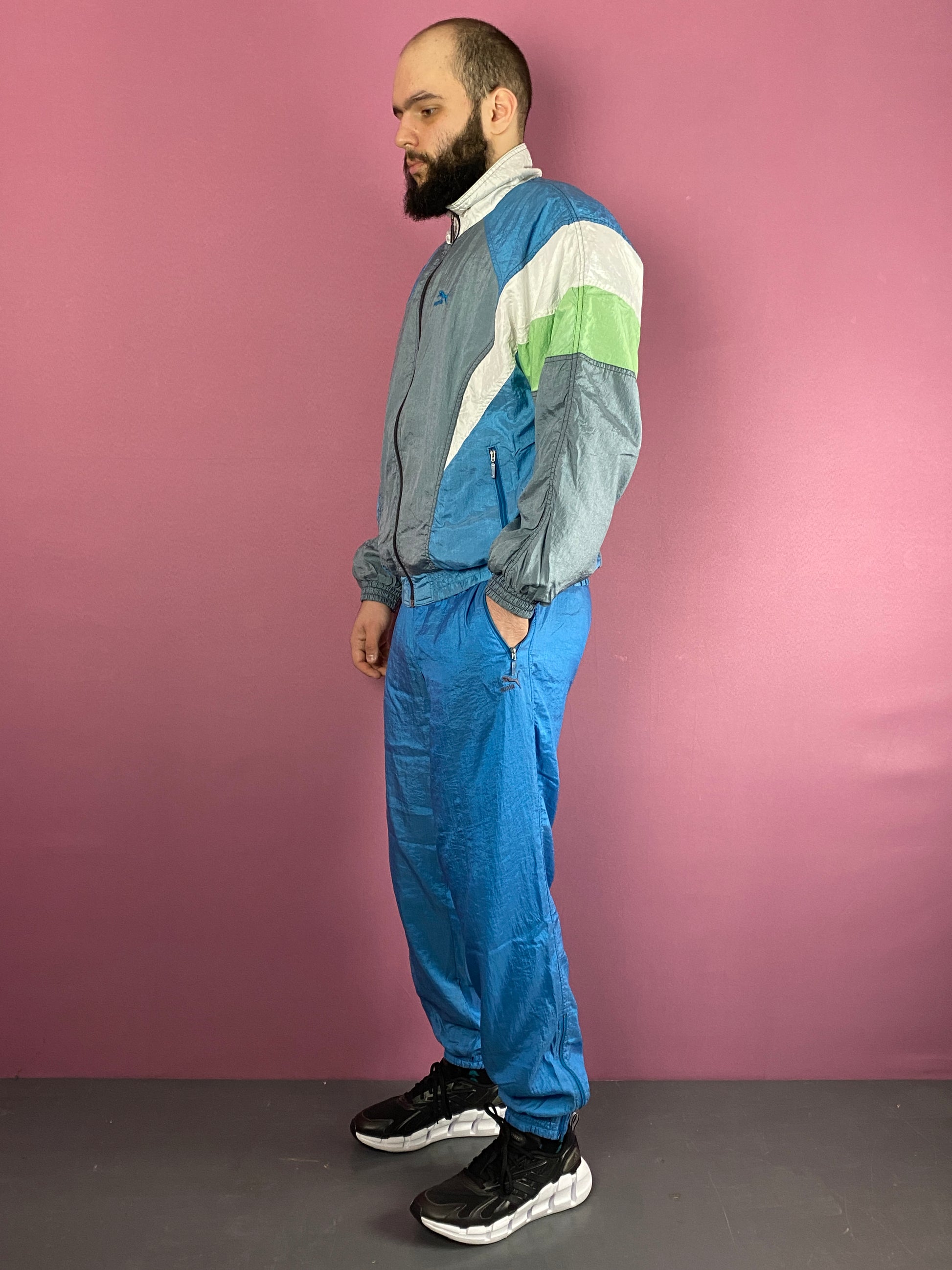 80s Puma Vintage Men's Tracksuit Set - M Blue & Multicolor Nylon - Windbreaker Jacket & Sport Pants