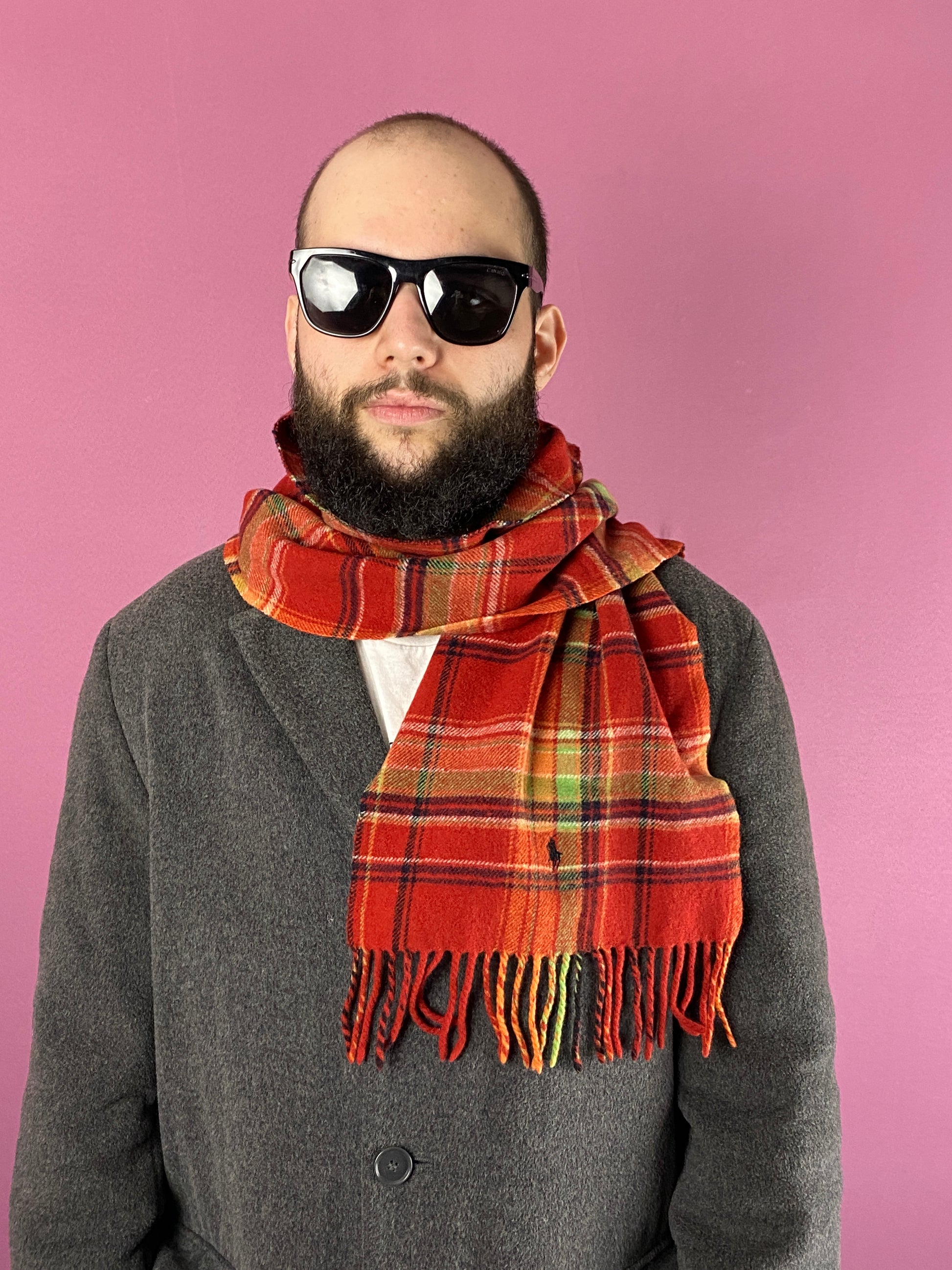 90s Polo Ralph Lauren Vintage Plaid Scarf - Red Wool