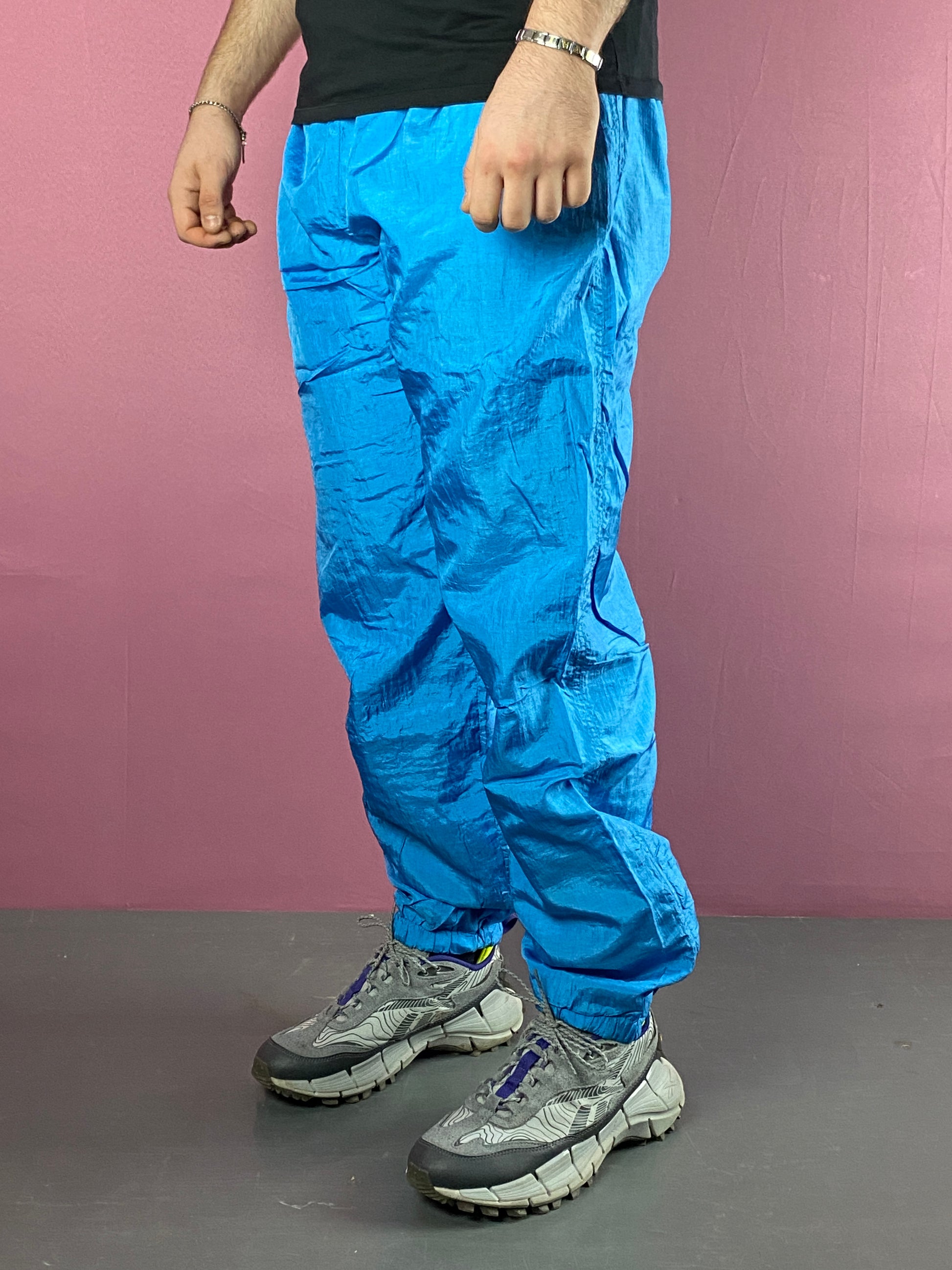 90s Vintage Men's Track Pants - XL Blue Nylon