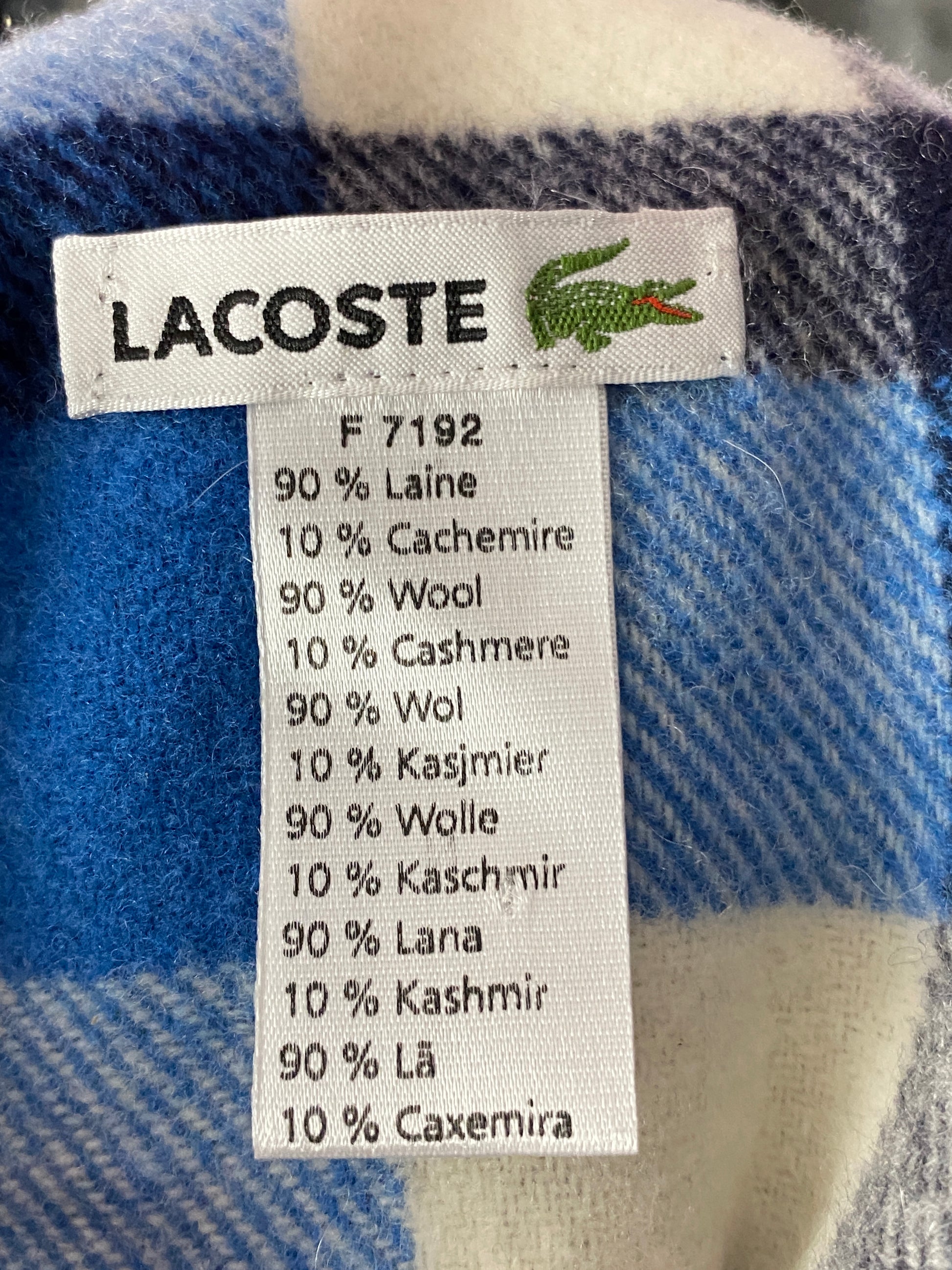 Lacoste Vintage Plaid Checked Scarf - Blue & White Wool Blend