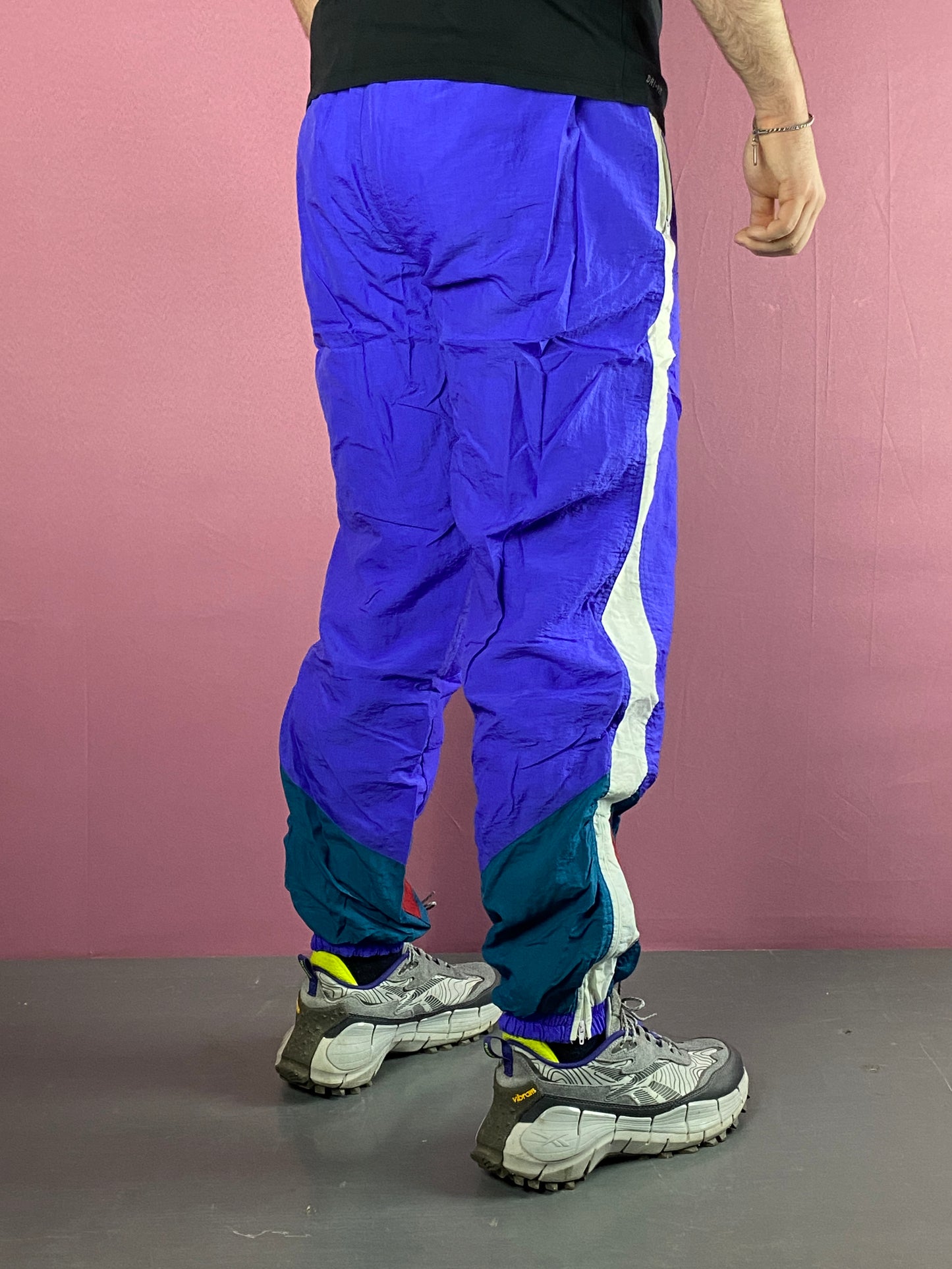 90s Vintage Men's Size Tape Track Pants - XL Blue Nylon