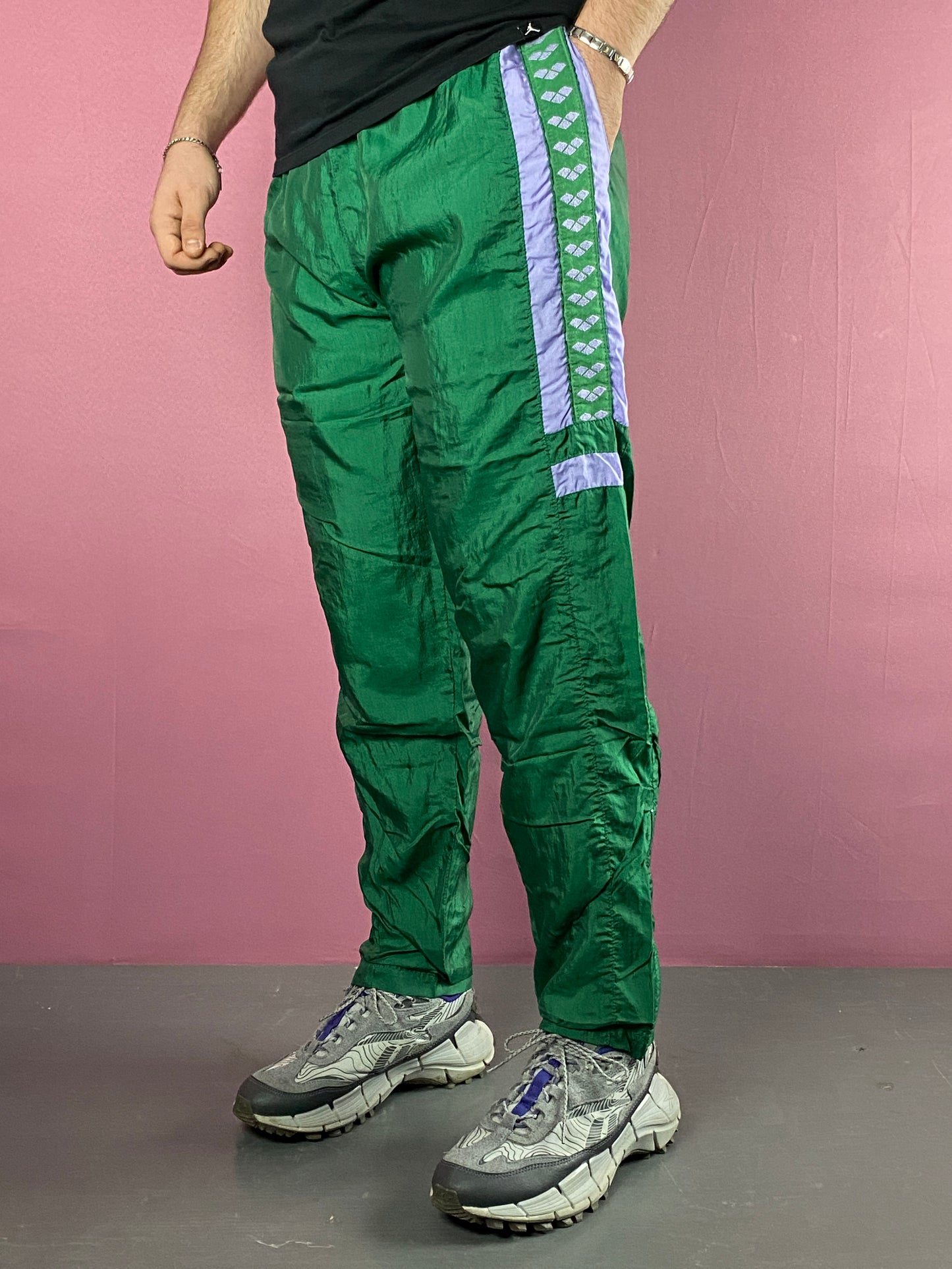 90s Arena Vintage Men's Side Tape Track Pants - L Green Nylon