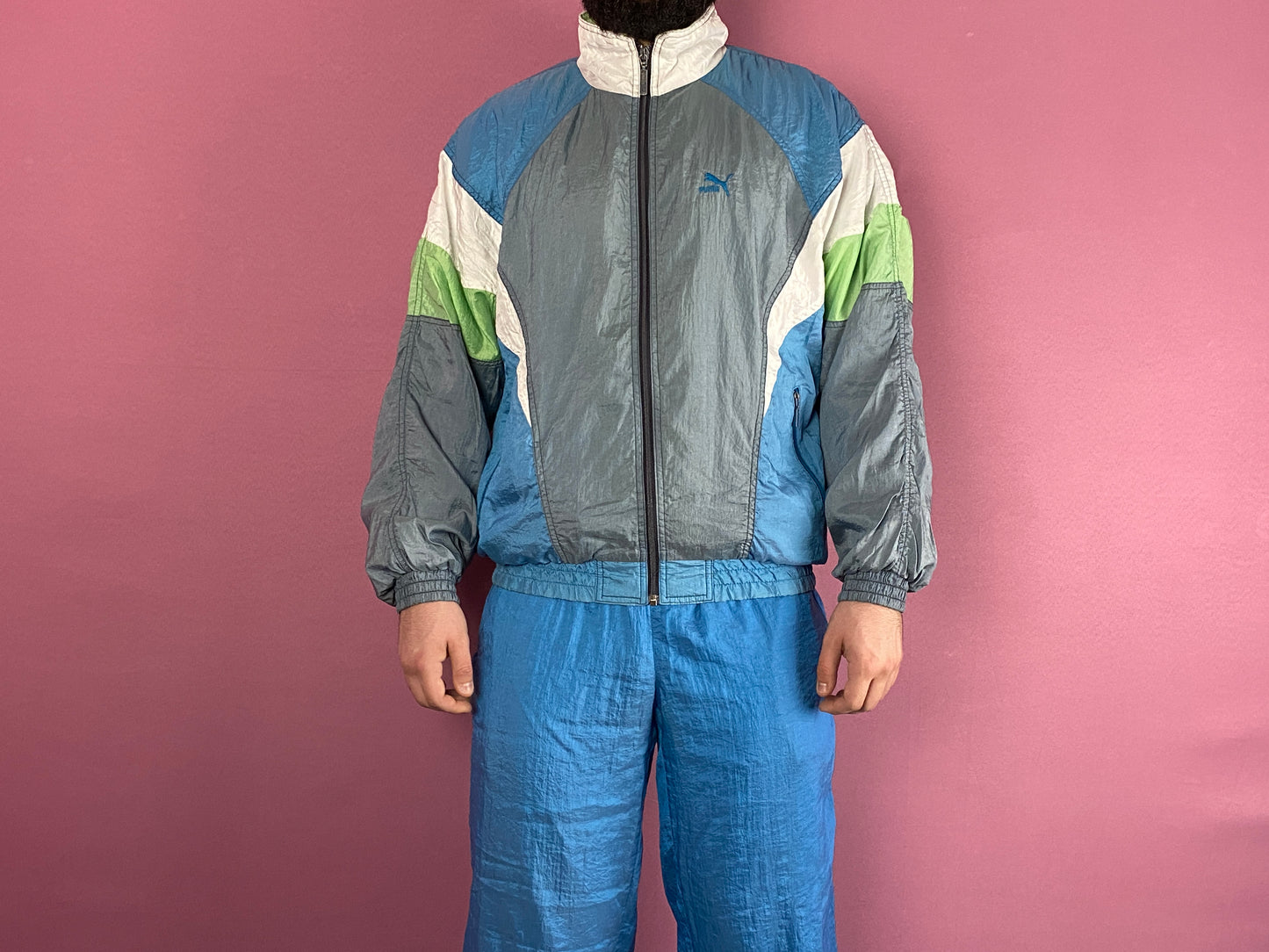 80s Puma Vintage Men's Tracksuit Set - M Blue & Multicolor Nylon - Windbreaker Jacket & Sport Pants