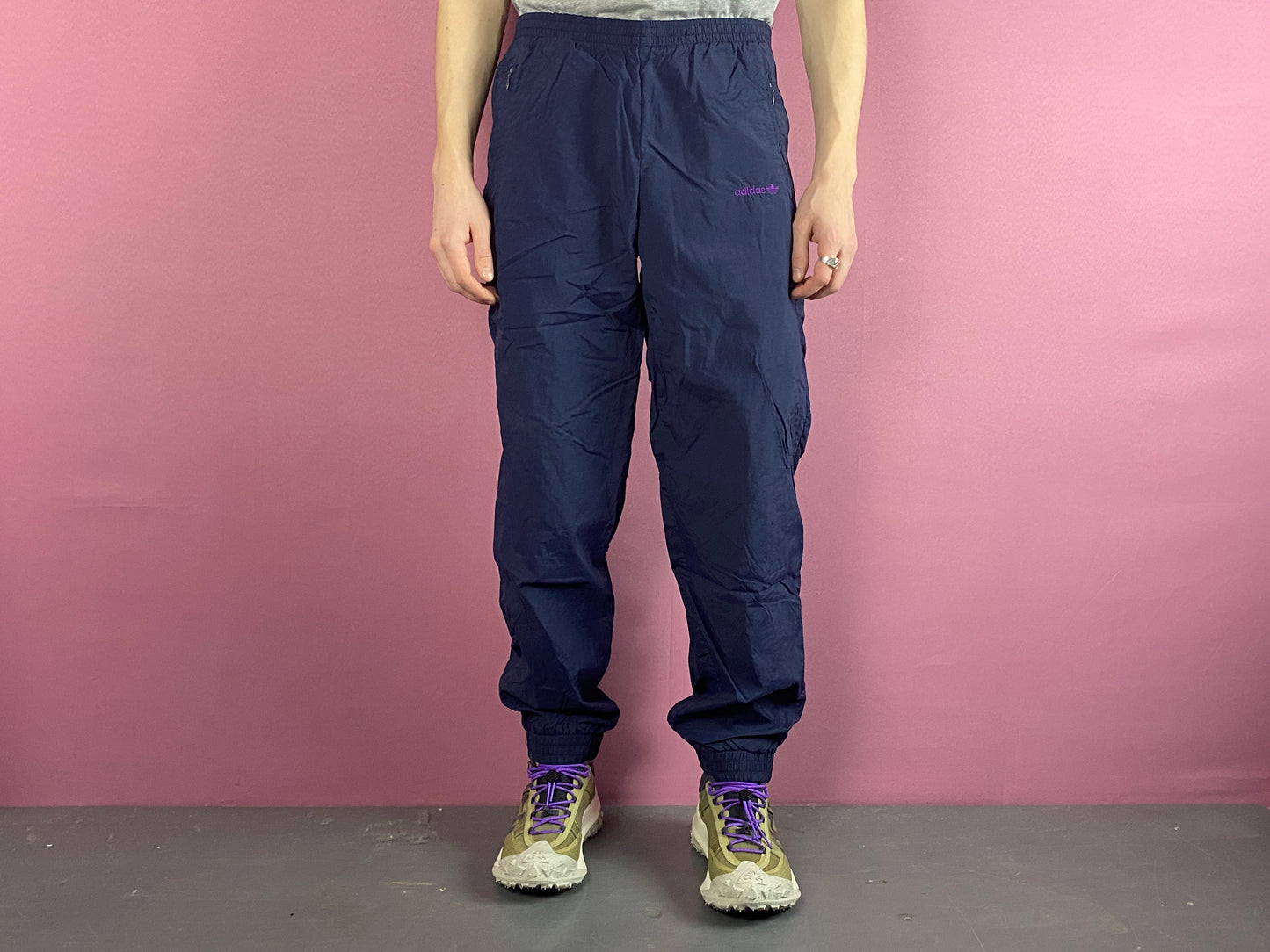 90s Adidas Vintage Men's Tracksuit Pants - S Navy Blue Nylon