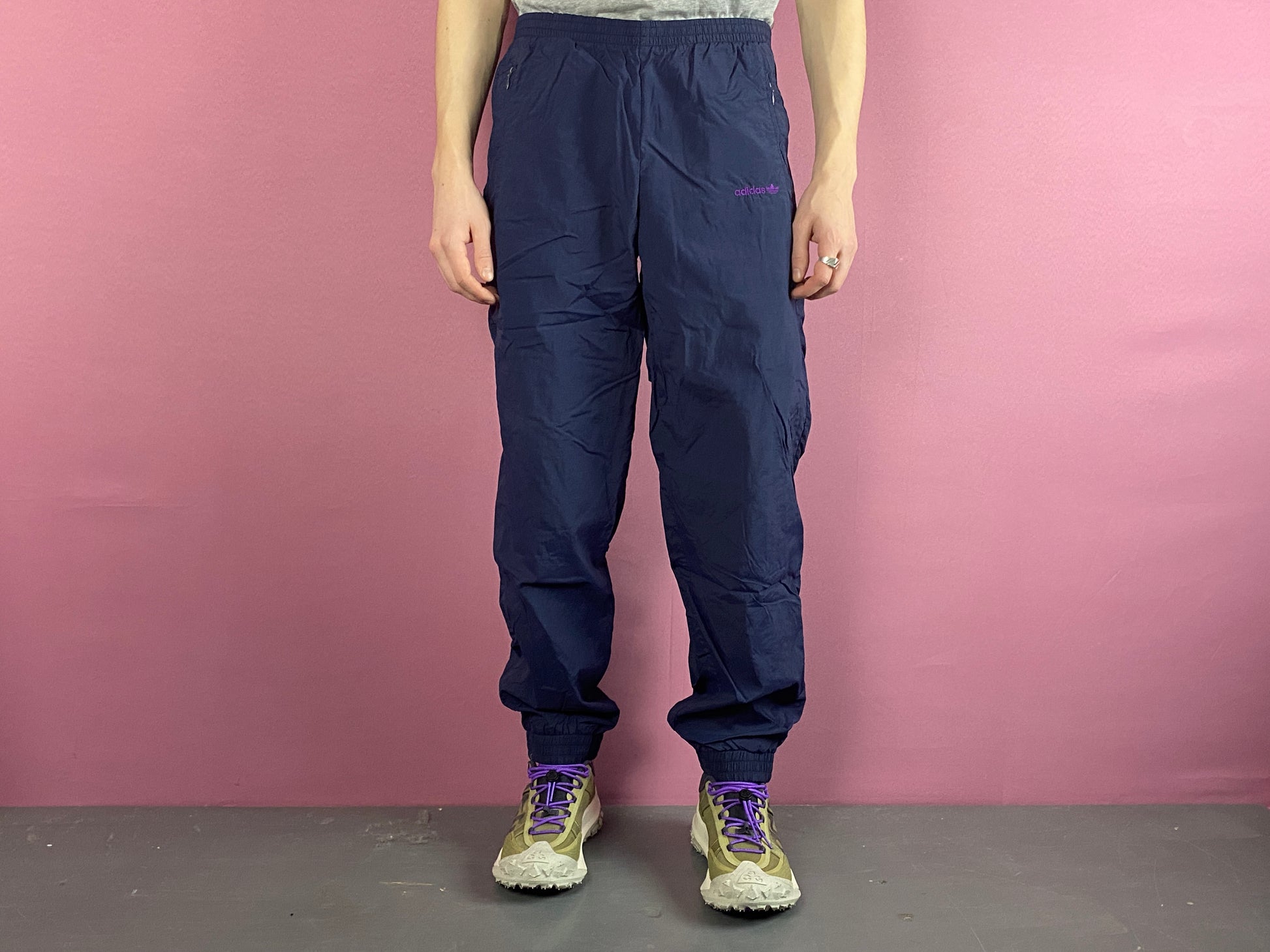 90s Adidas Vintage Men's Tracksuit Pants - S Navy Blue Nylon