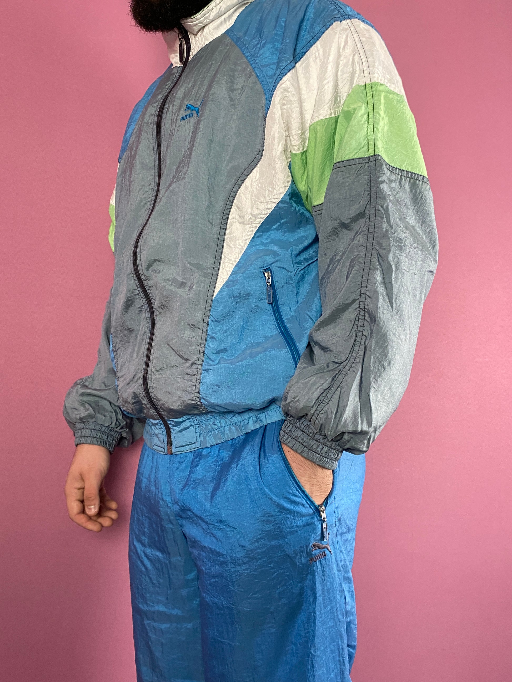 80s Puma Vintage Men's Tracksuit Set - M Blue & Multicolor Nylon - Windbreaker Jacket & Sport Pants