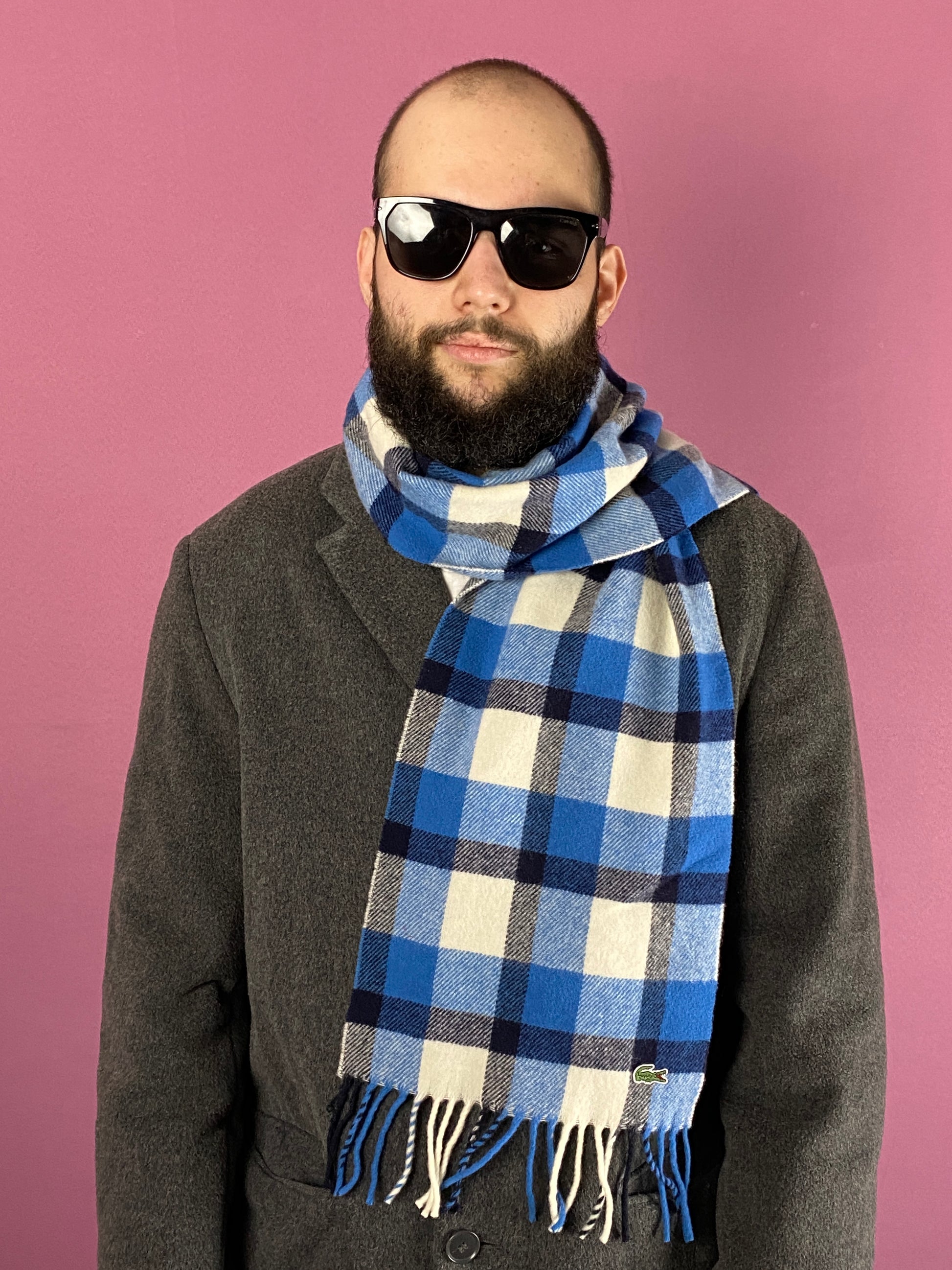 Lacoste Vintage Plaid Checked Scarf - Blue & White Wool Blend