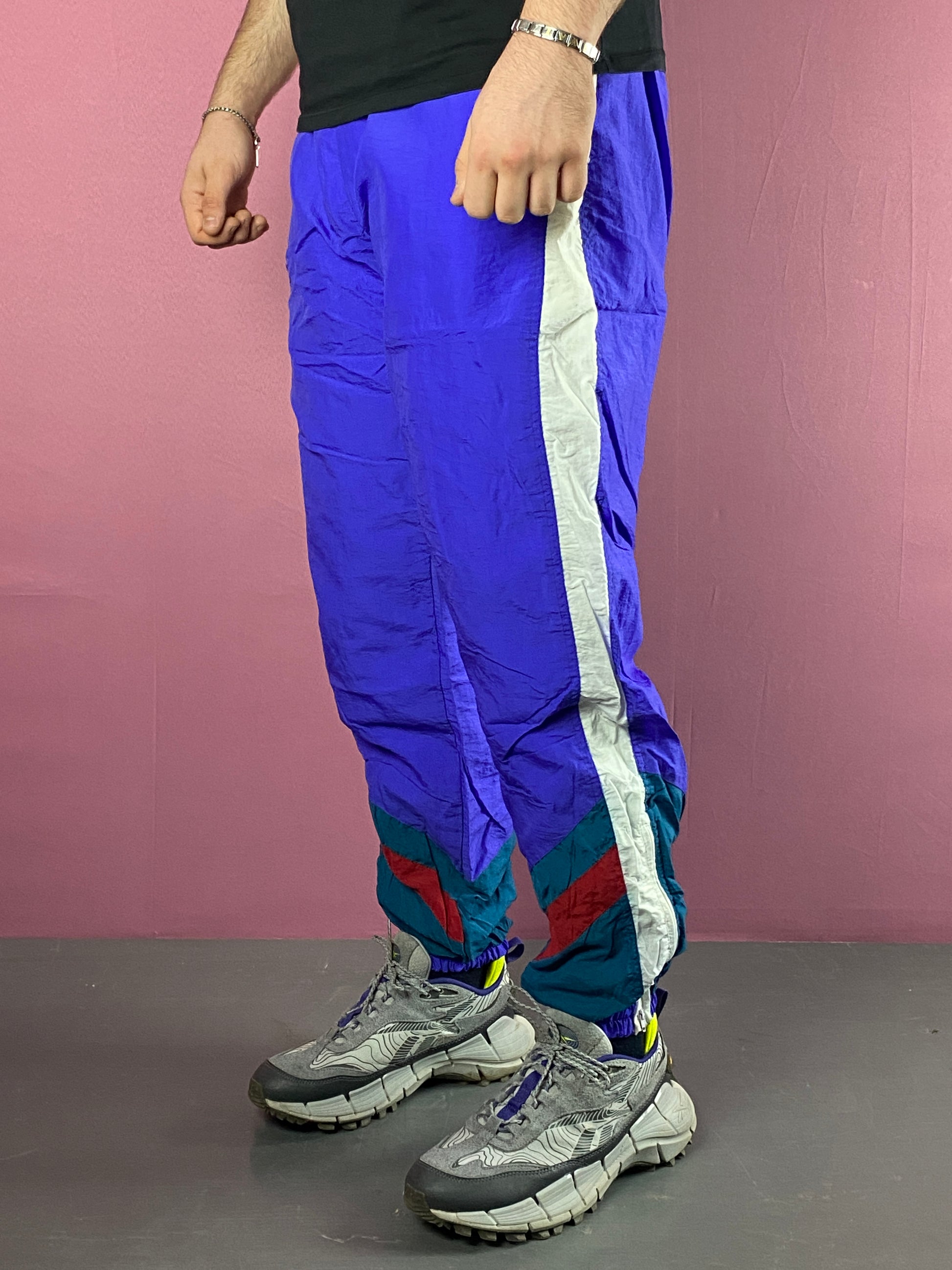 90s Vintage Men's Size Tape Track Pants - XL Blue Nylon