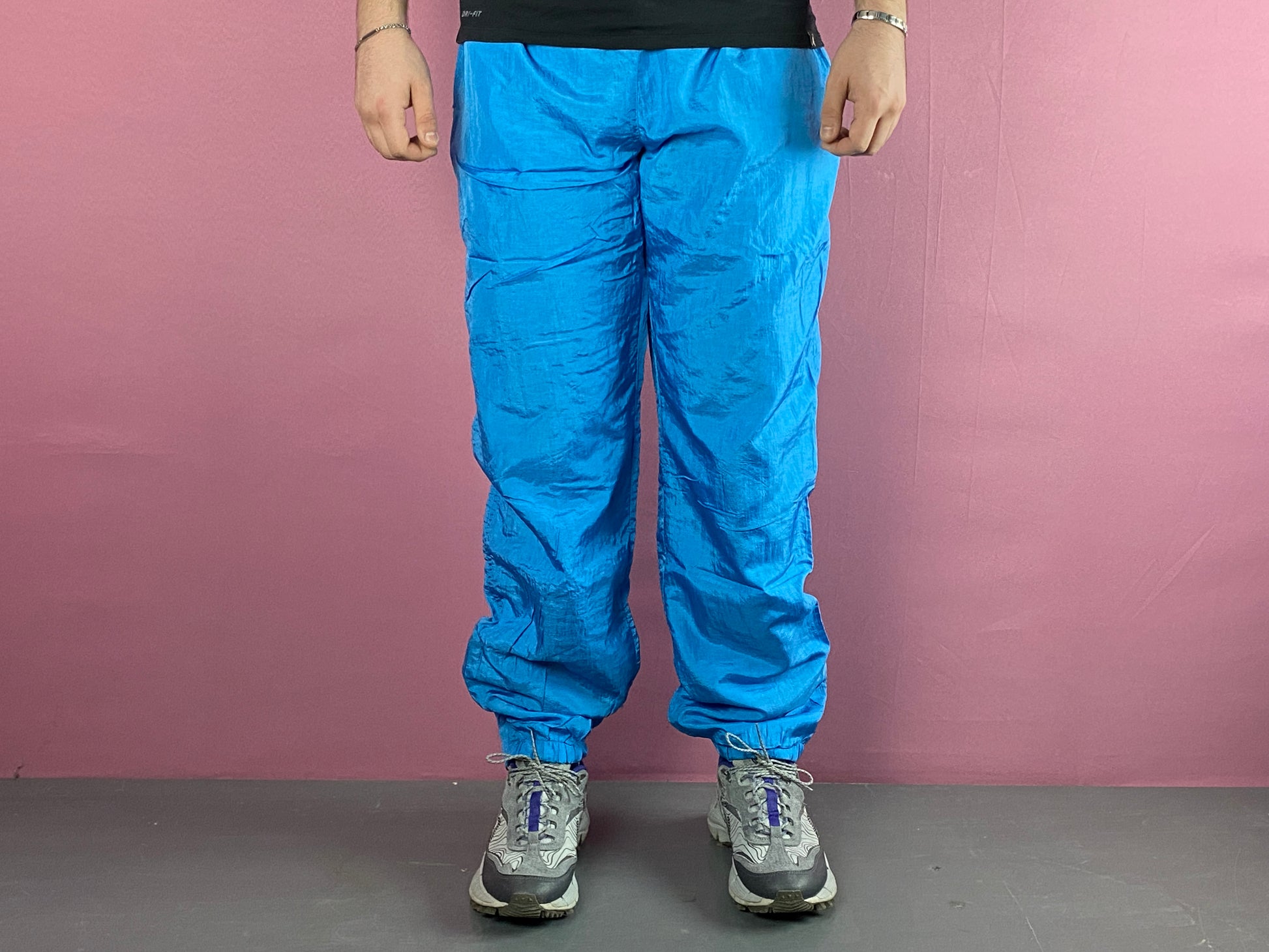 90s Vintage Men's Track Pants - XL Blue Nylon