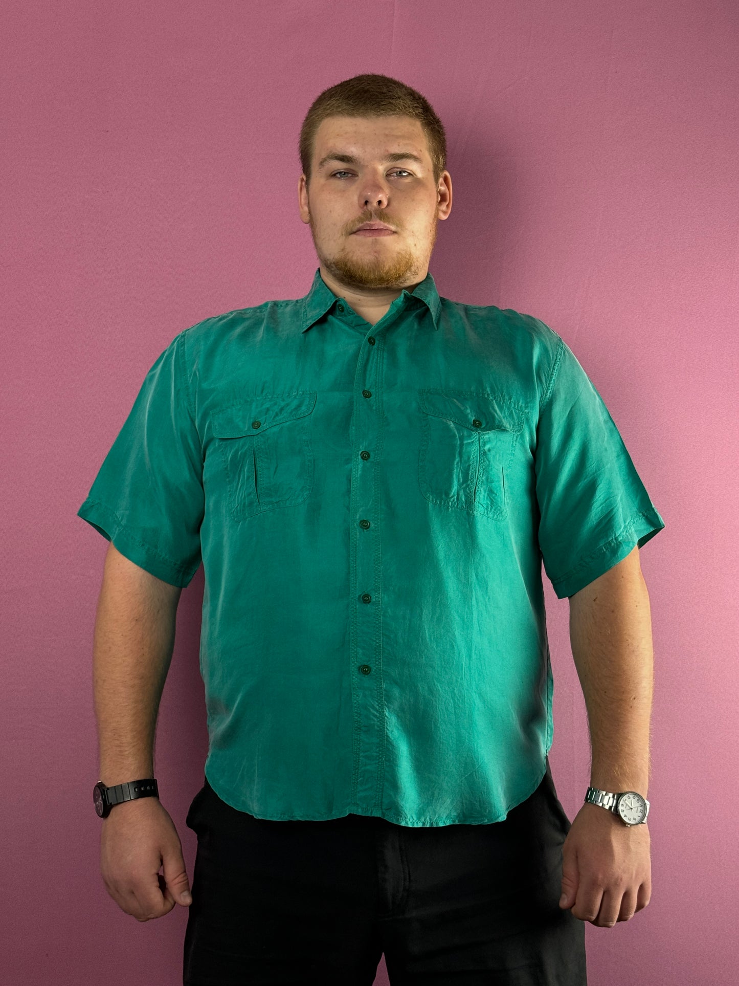 80s Bisbee Vintage Men's Short Sleeve Shirt - L Green Silk