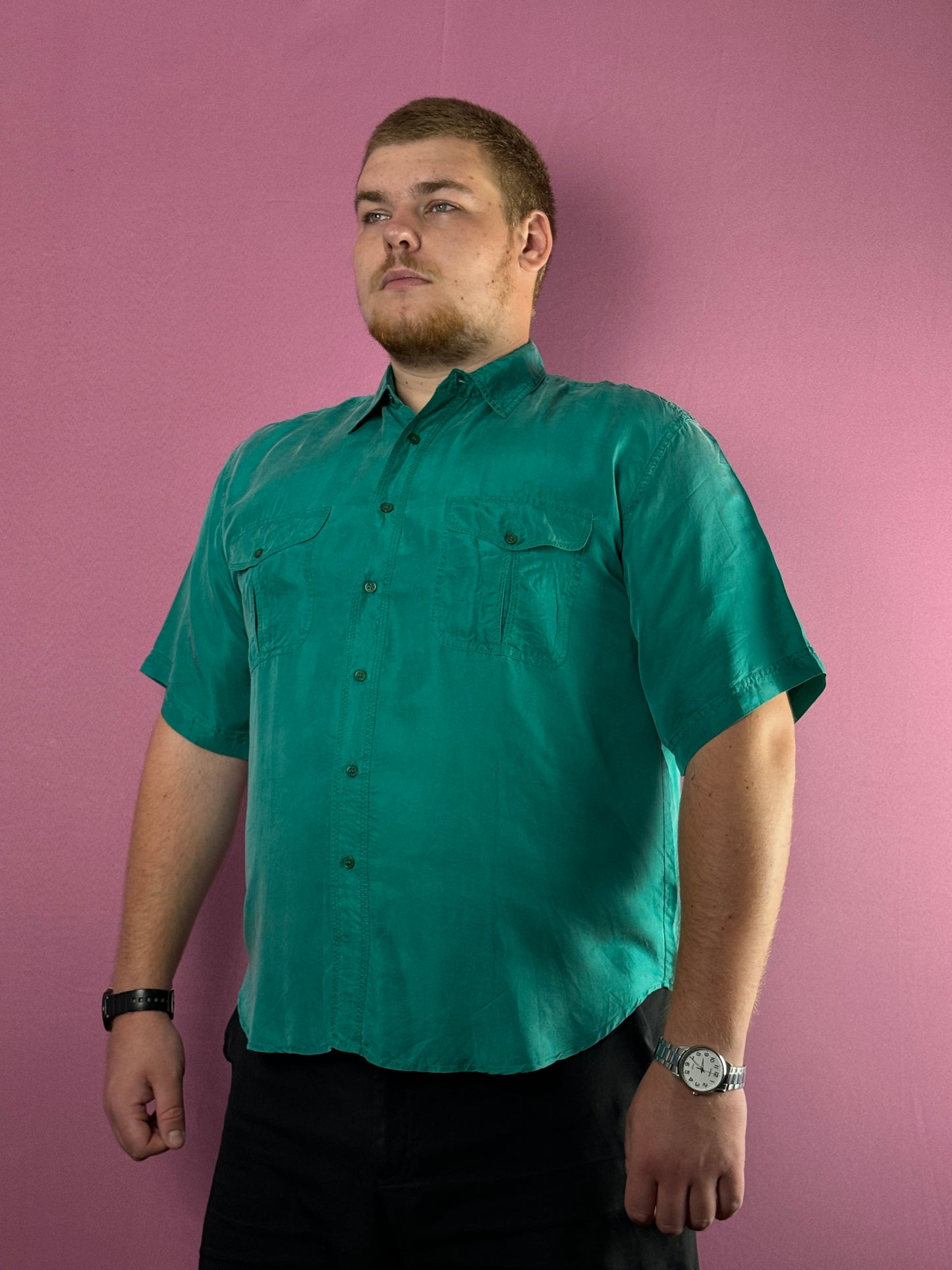 80s Bisbee Vintage Men's Short Sleeve Shirt - L Green Silk