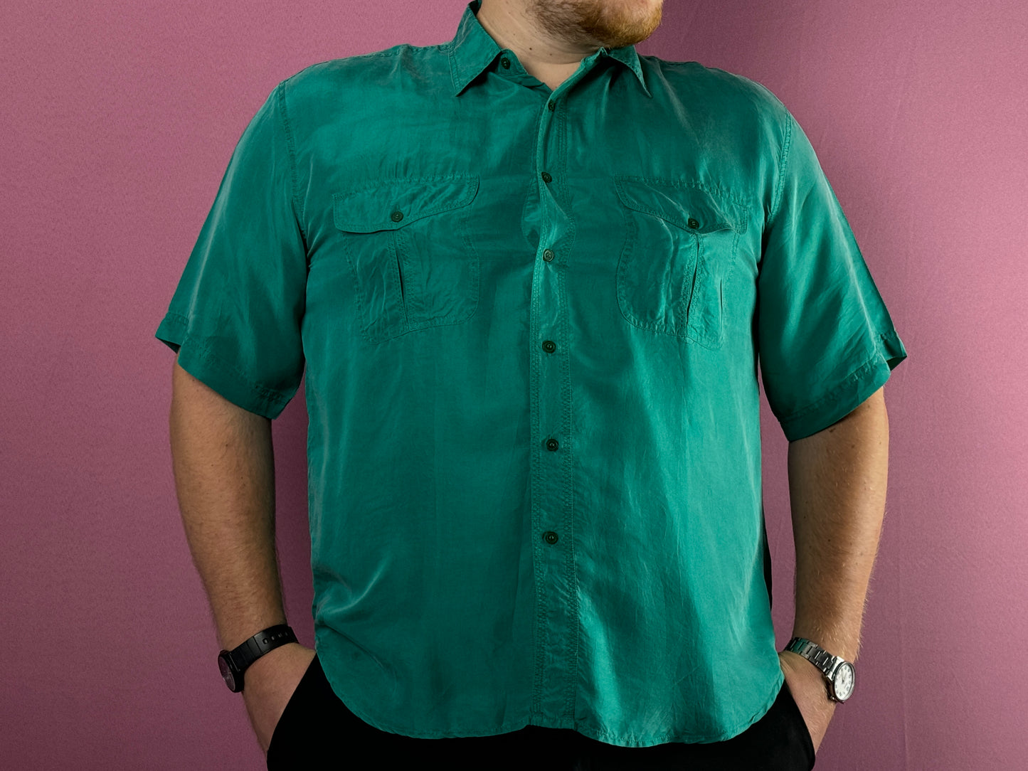 80s Bisbee Vintage Men's Short Sleeve Shirt - L Green Silk