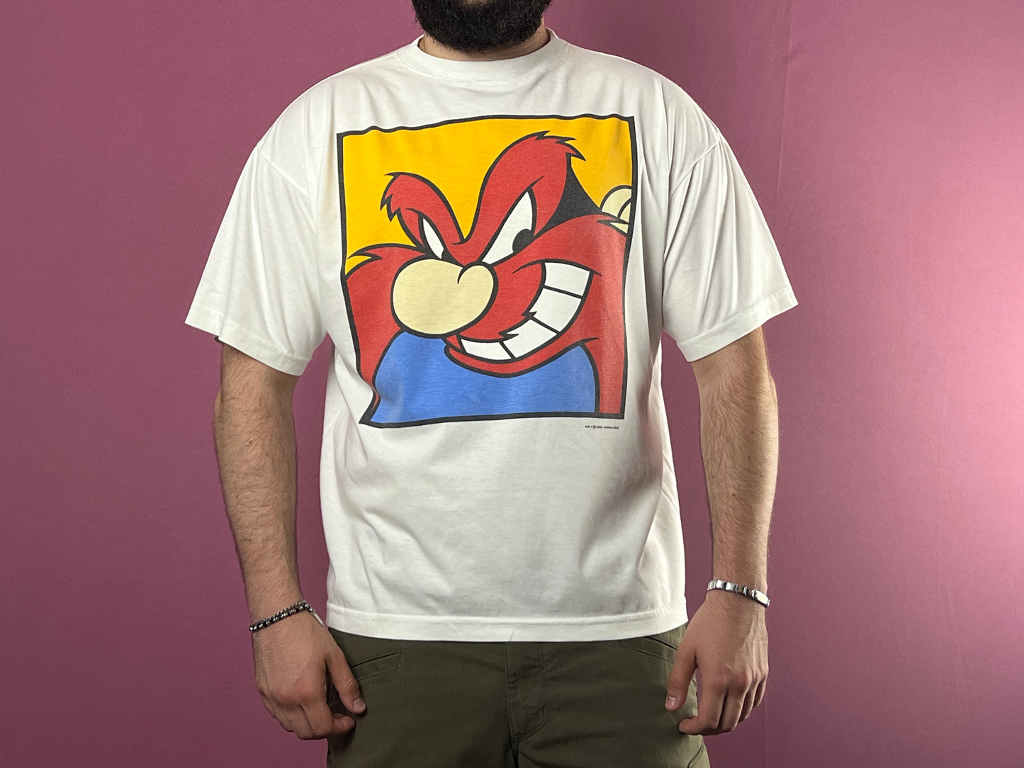 1993 Warner Bros Looney Tunes Vintage Men's Yosemite Sam Cartoon T-Shirt - XL White Cotton