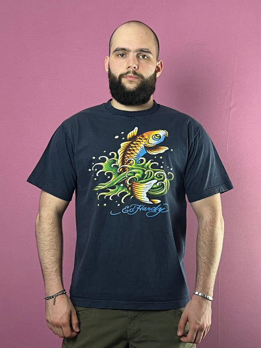 Y2K Ed Hardy VIntage Men's Koi Fish Faded T-Shirt - XL Navy Blue Cotton