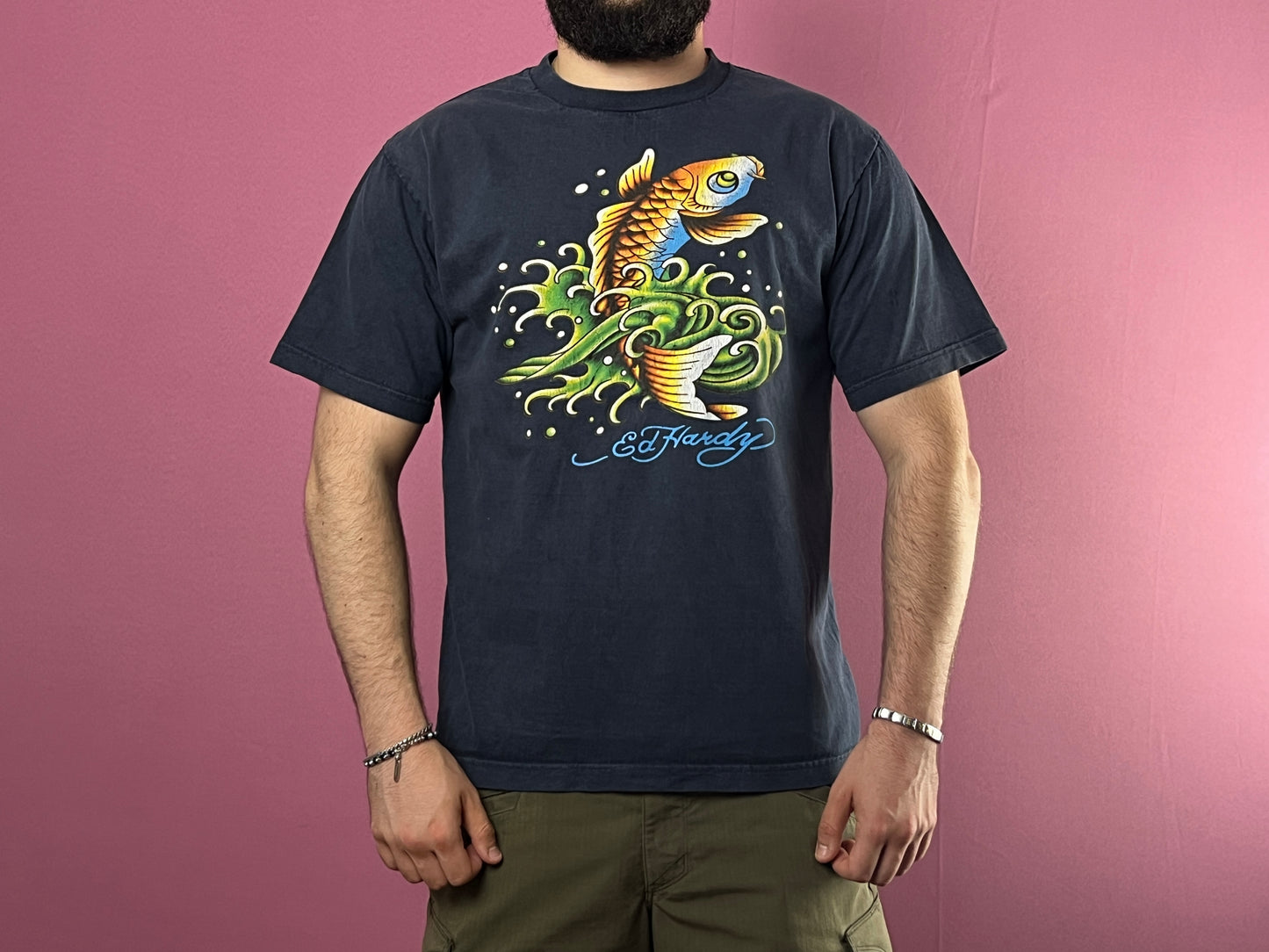 Y2K Ed Hardy VIntage Men's Koi Fish Faded T-Shirt - XL Navy Blue Cotton