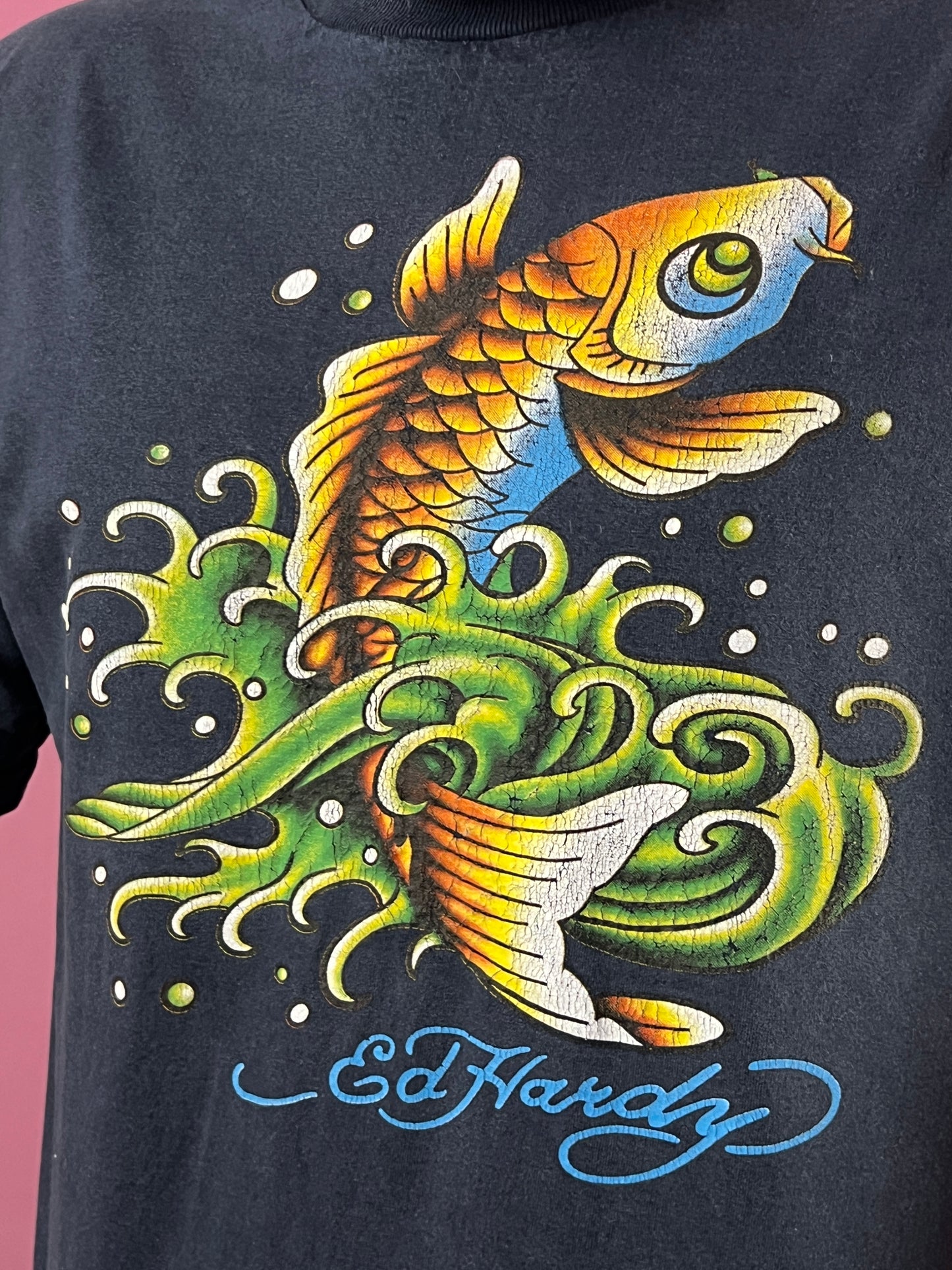 Y2K Ed Hardy VIntage Men's Koi Fish Faded T-Shirt - XL Navy Blue Cotton