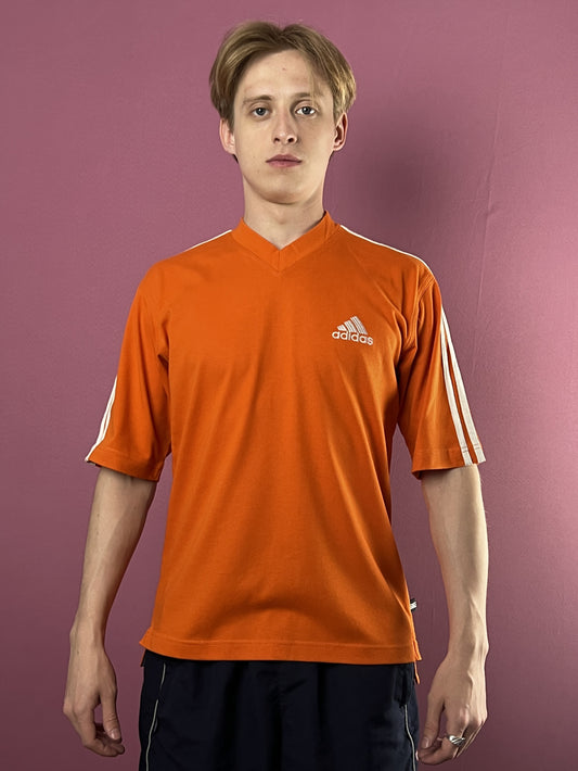 90s Adidas Vintage Men's V-neck T-Shirt - M Orange Cotton Blend