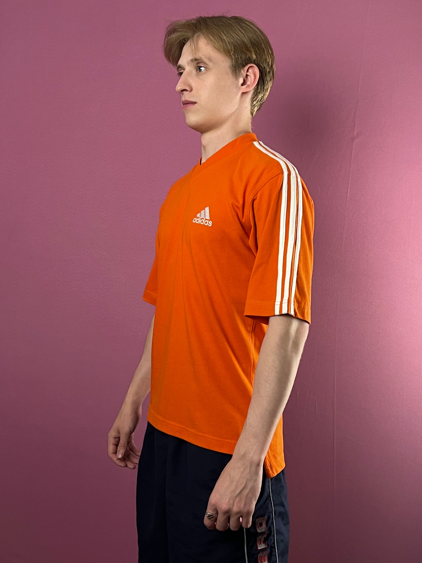 90s Adidas Vintage Men's V-neck T-Shirt - M Orange Cotton Blend