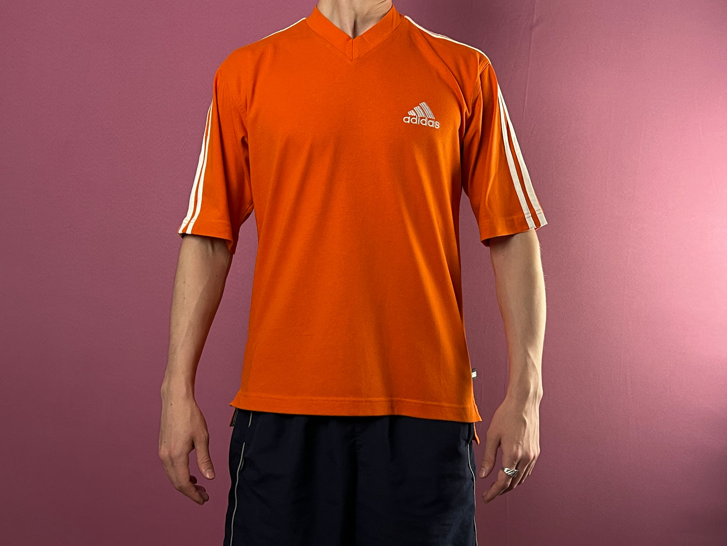 90s Adidas Vintage Men's V-neck T-Shirt - M Orange Cotton Blend