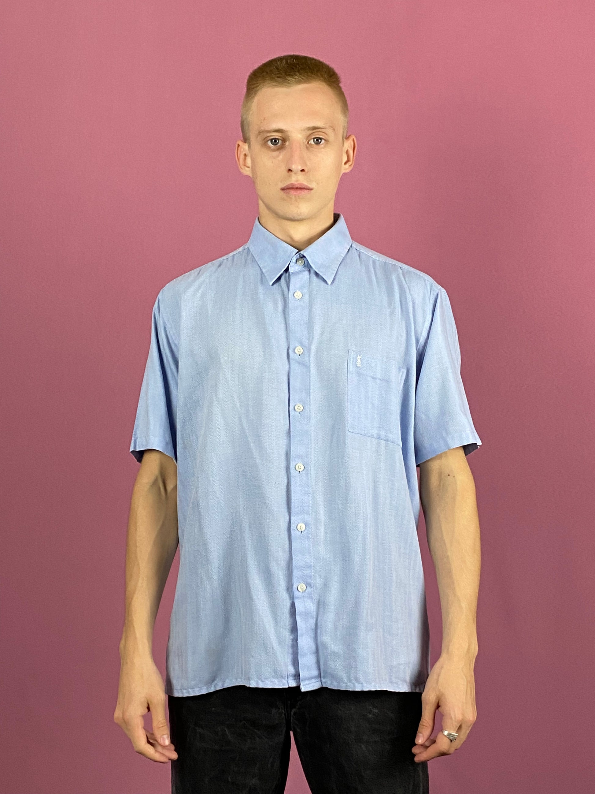 Yves Saint Laurent Vintage Men's Short Sleeve Shirt - XL Blue