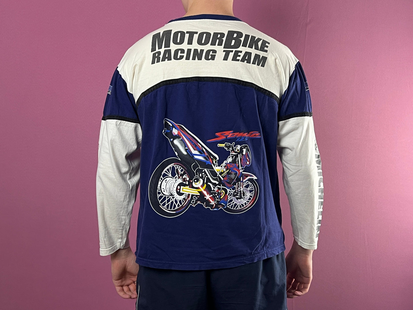 In The Dark Honda Racing Vintage Men's Long Sleeve - L Blue & White Cotton