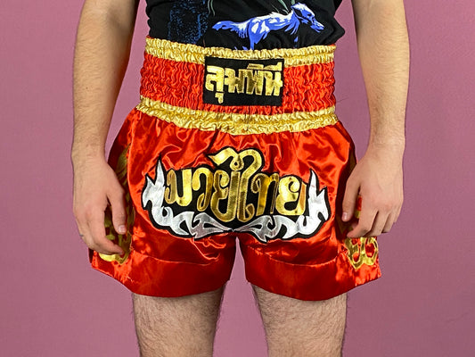 Vintage Men's Muay Thai Shorts - XL Red Cotton