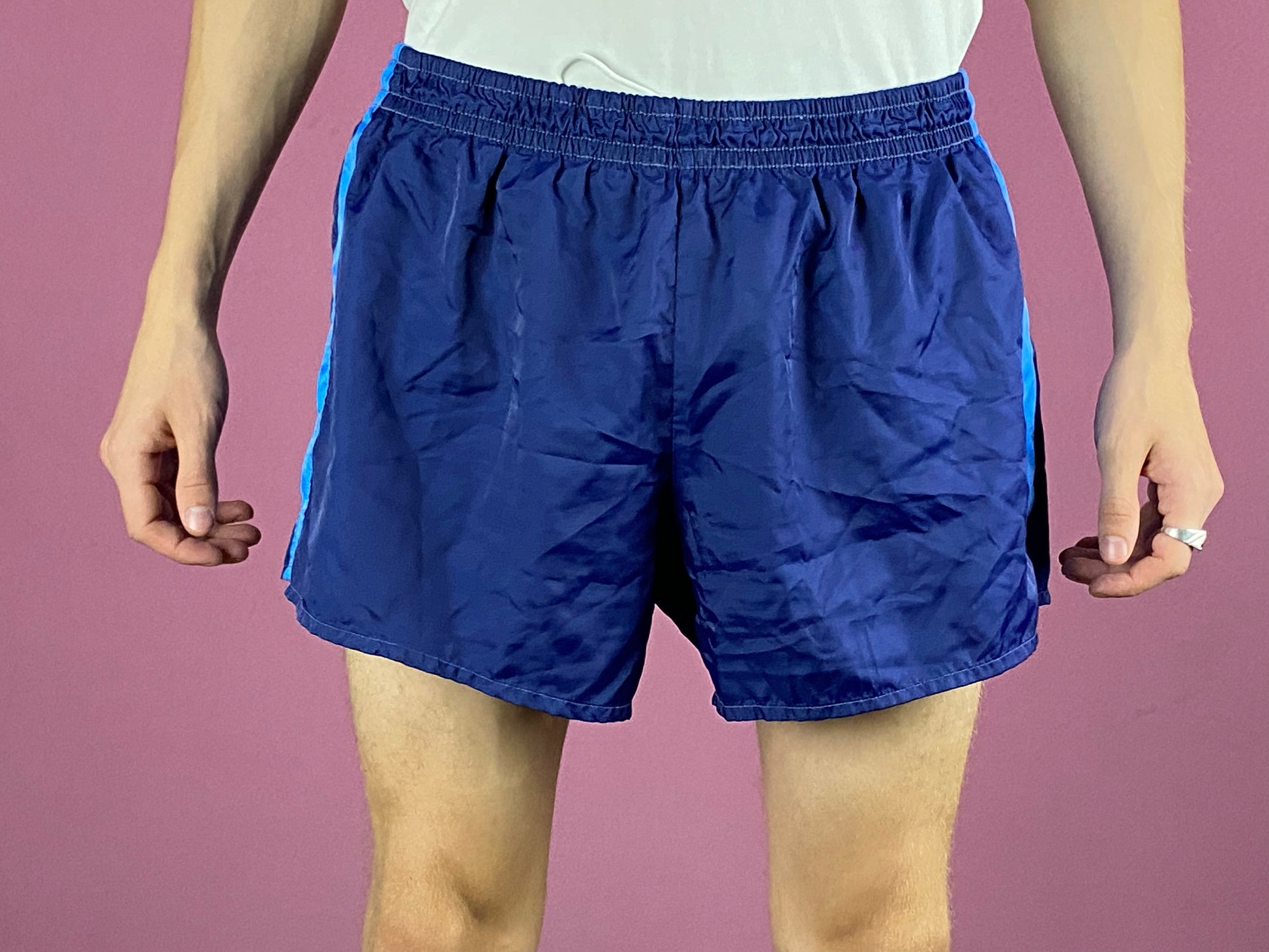 90s Vintage Men's Sport Shorts - Small Navy Blue Polyester Blend