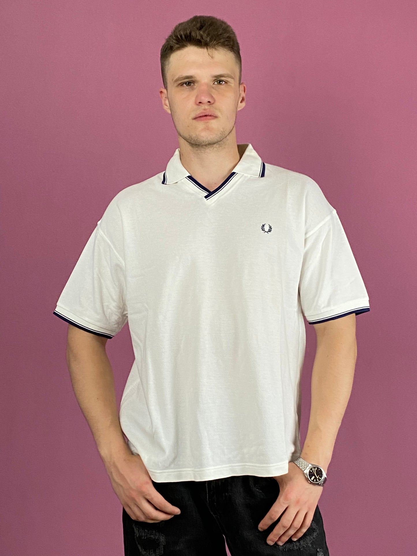 90s Fred Perry Vintage Men's Polo Shirt - Large White Cotton