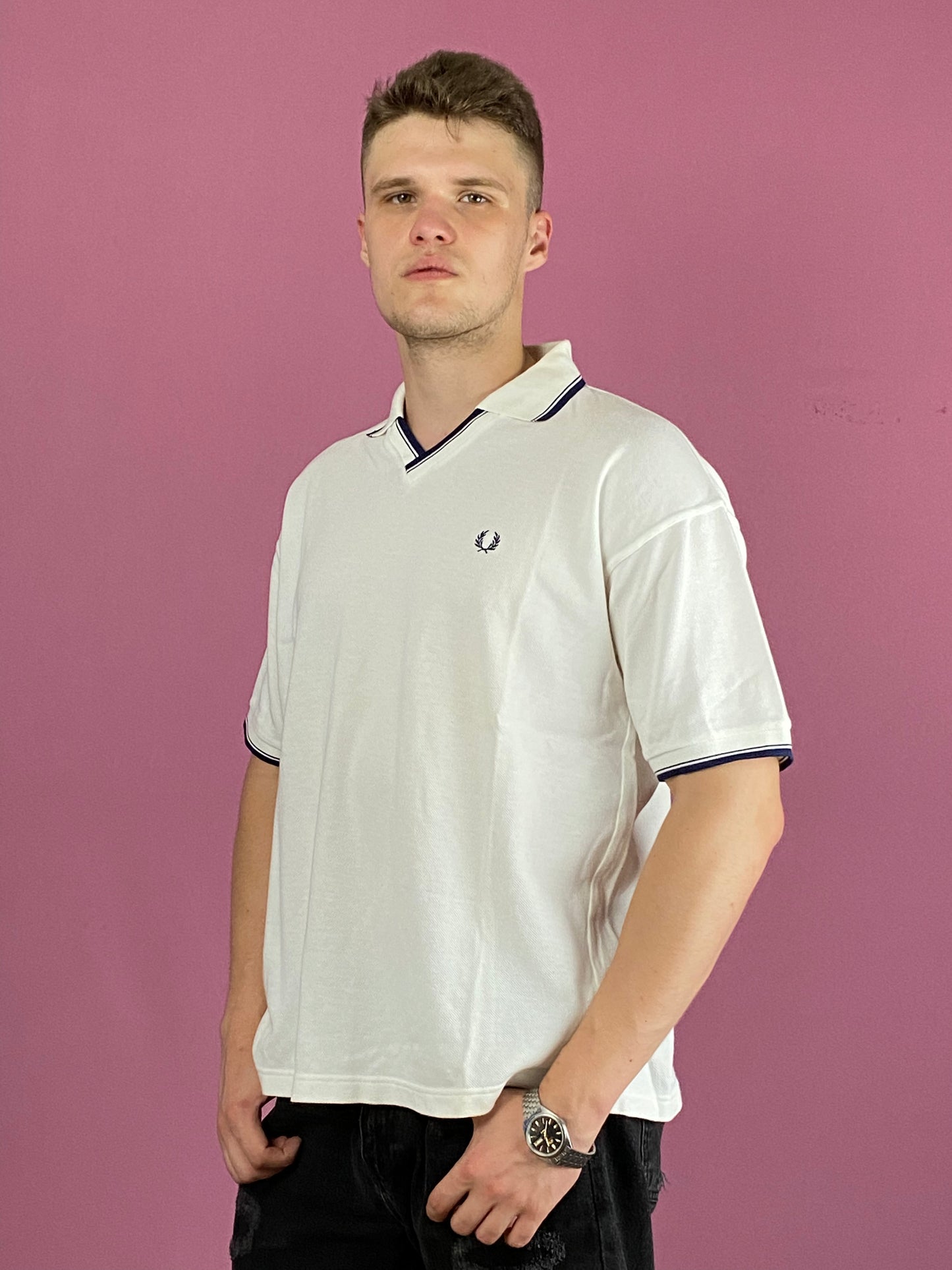 90s Fred Perry Vintage Men's Polo Shirt - Large White Cotton