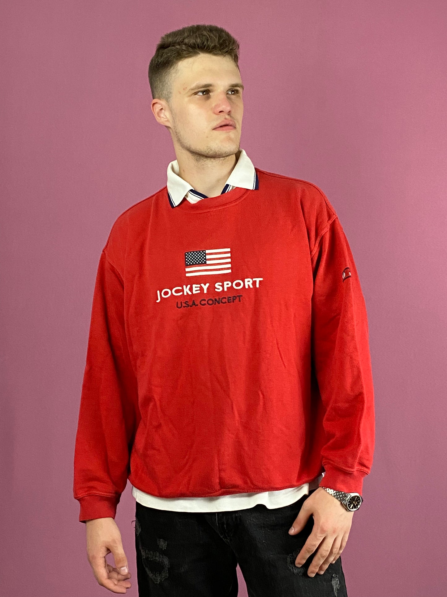 Jockey Vintage Men's Sweatshirt - Large Red Cotton Blend