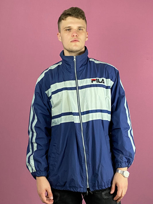 Fila Big Logo Vintage Men's Windbreaker Jacket - Medium Navy Blue Polyester Blend