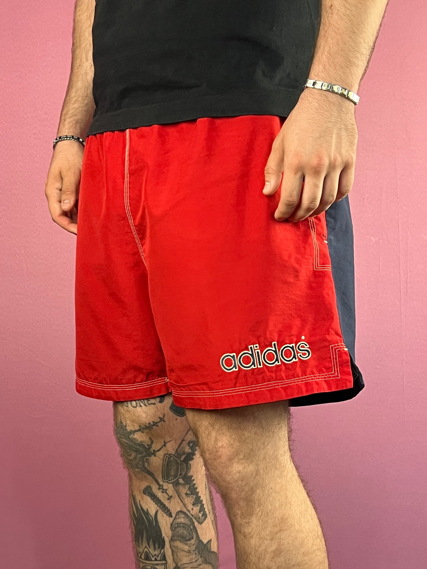 90s Adidas Vintage Men's Sport Shorts - L Red & Navy Blue Polyester