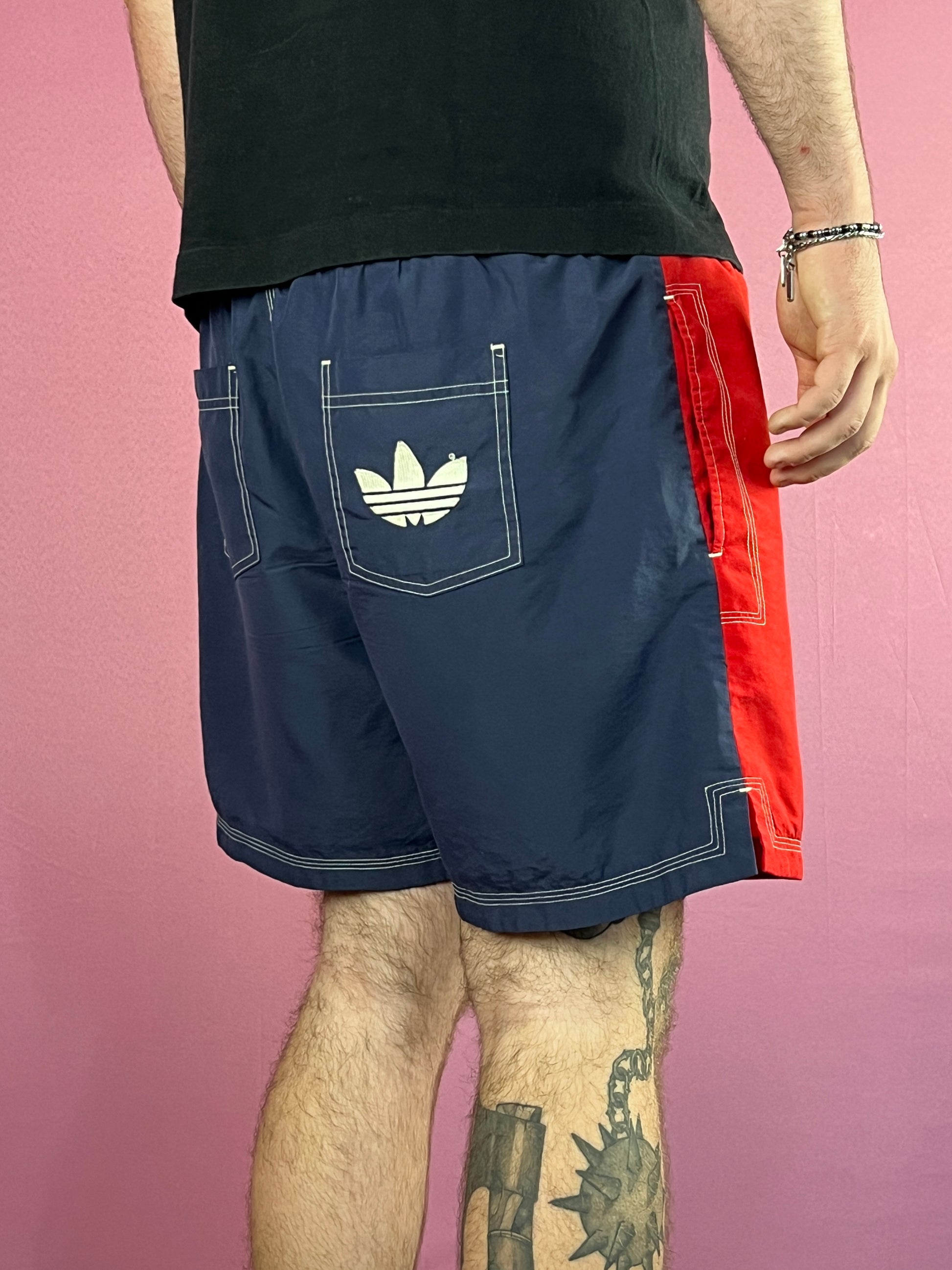 90s Adidas Vintage Men's Sport Shorts - L Red & Navy Blue Polyester